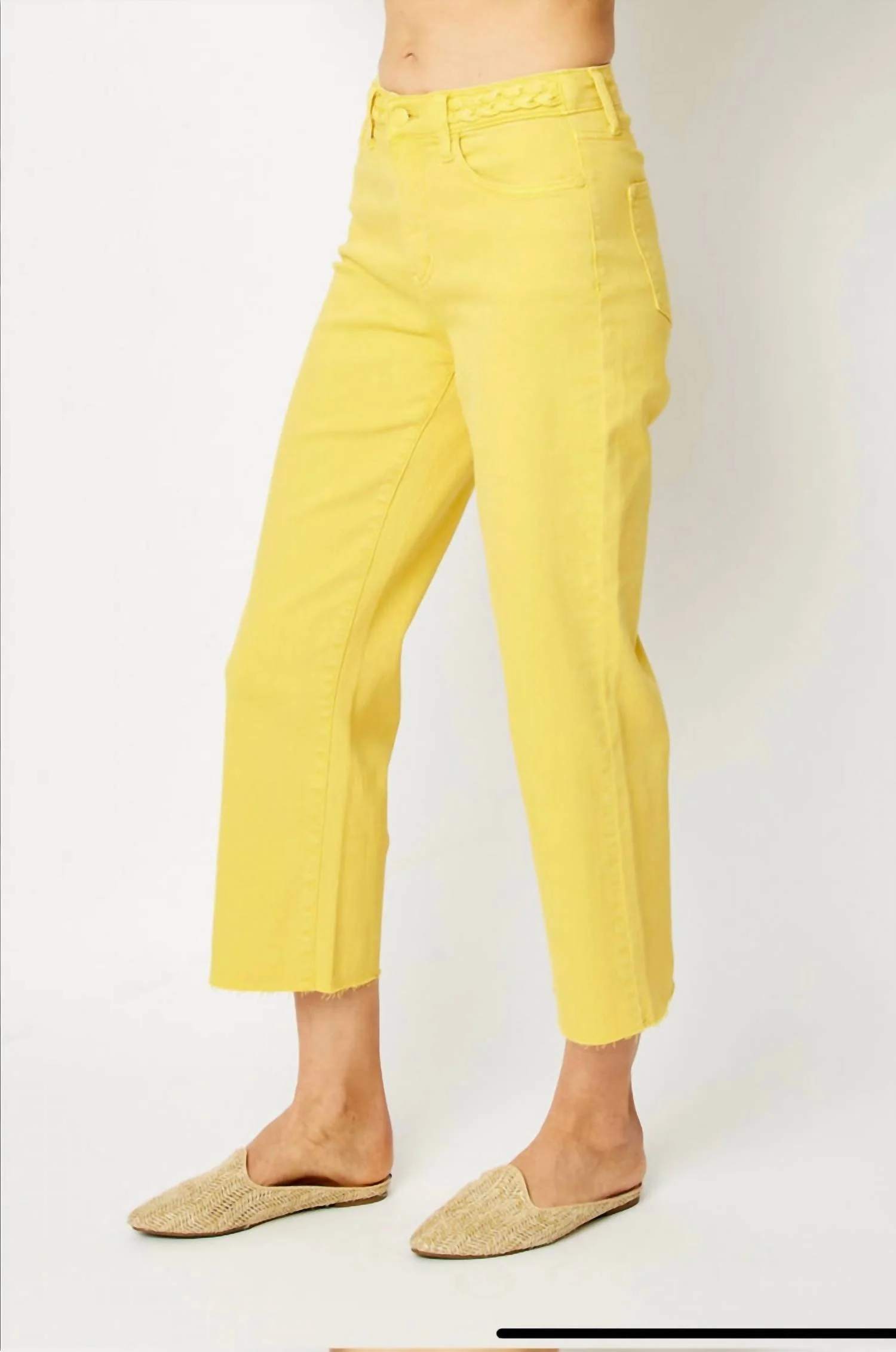 High-Waist Garment Dyed Braided Crop Jeans In Yellow