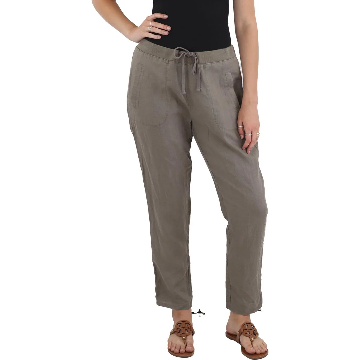Womens Linen Mid Rise Ankle Pants