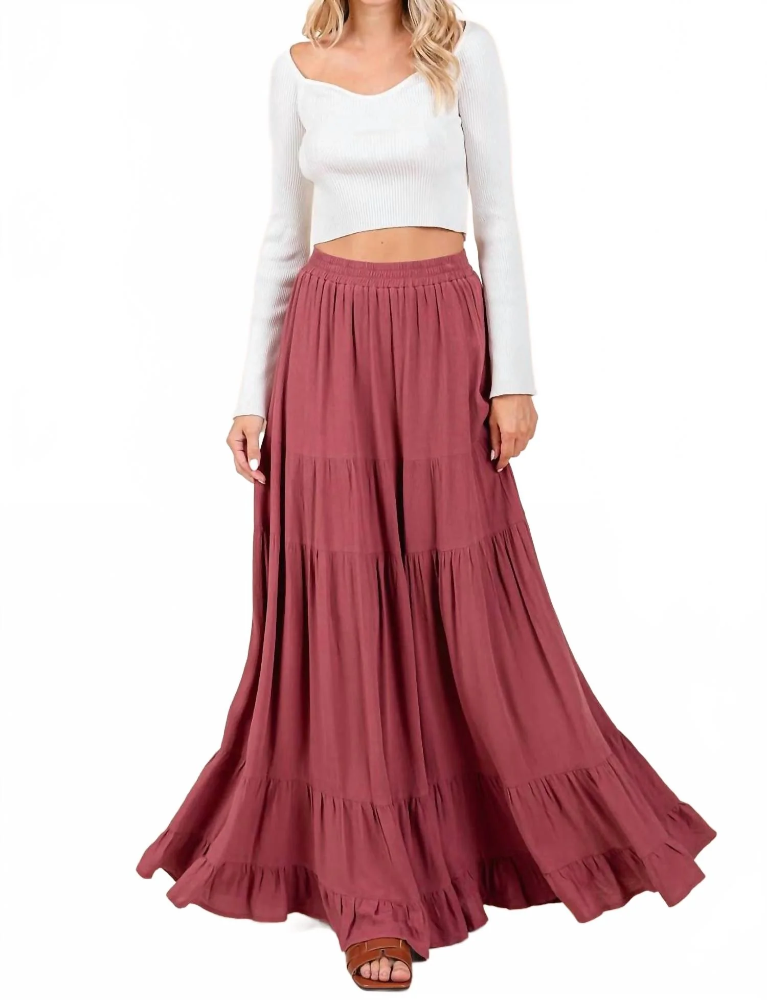 Tiered Flowy Elastic Waist Lined Maxi Skirt In Marsala