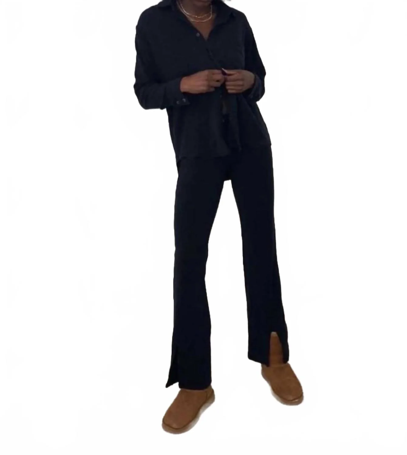 Cozy Rib Split Flare Pant In Black