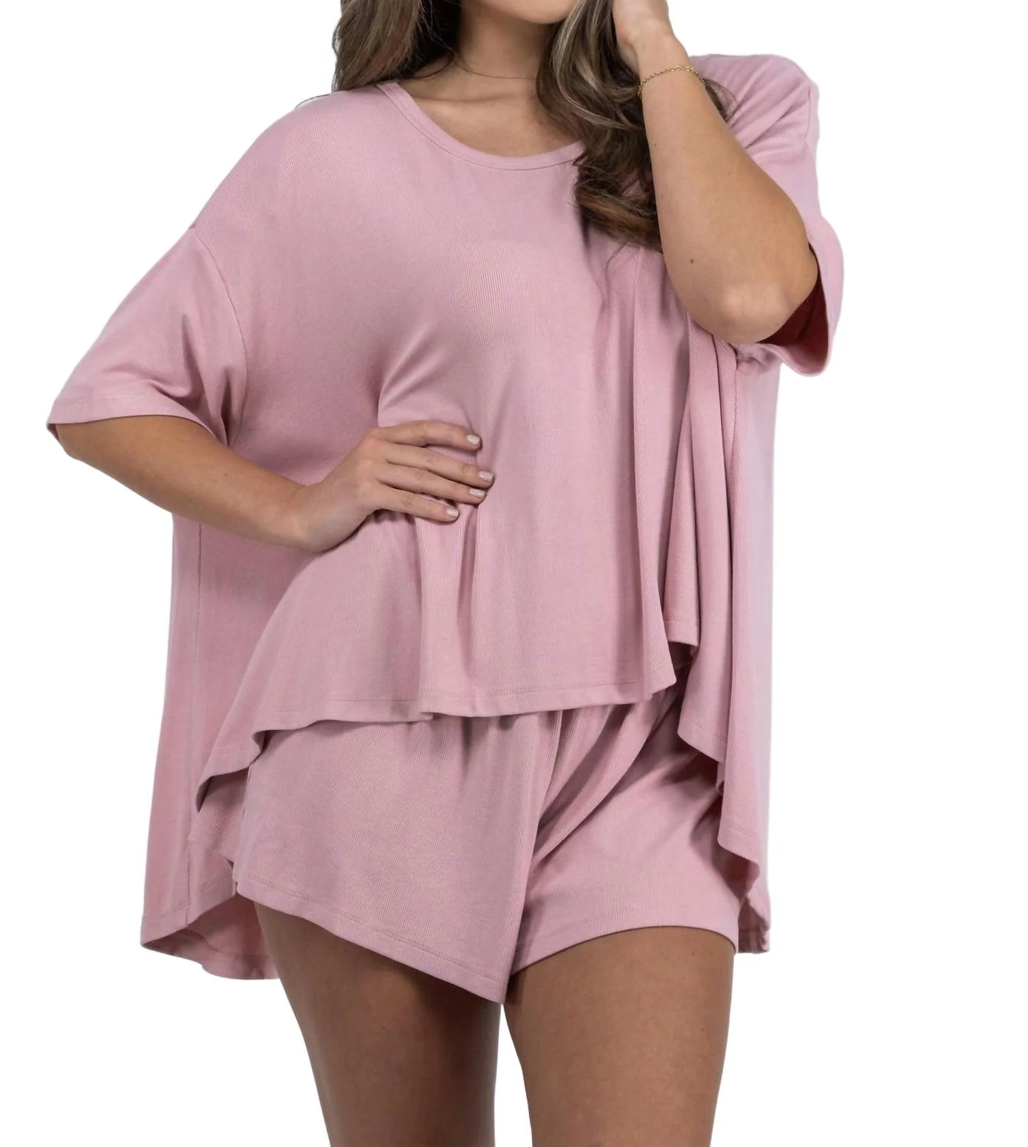 Movie Night Ribbed Loungewear Set In Mauve
