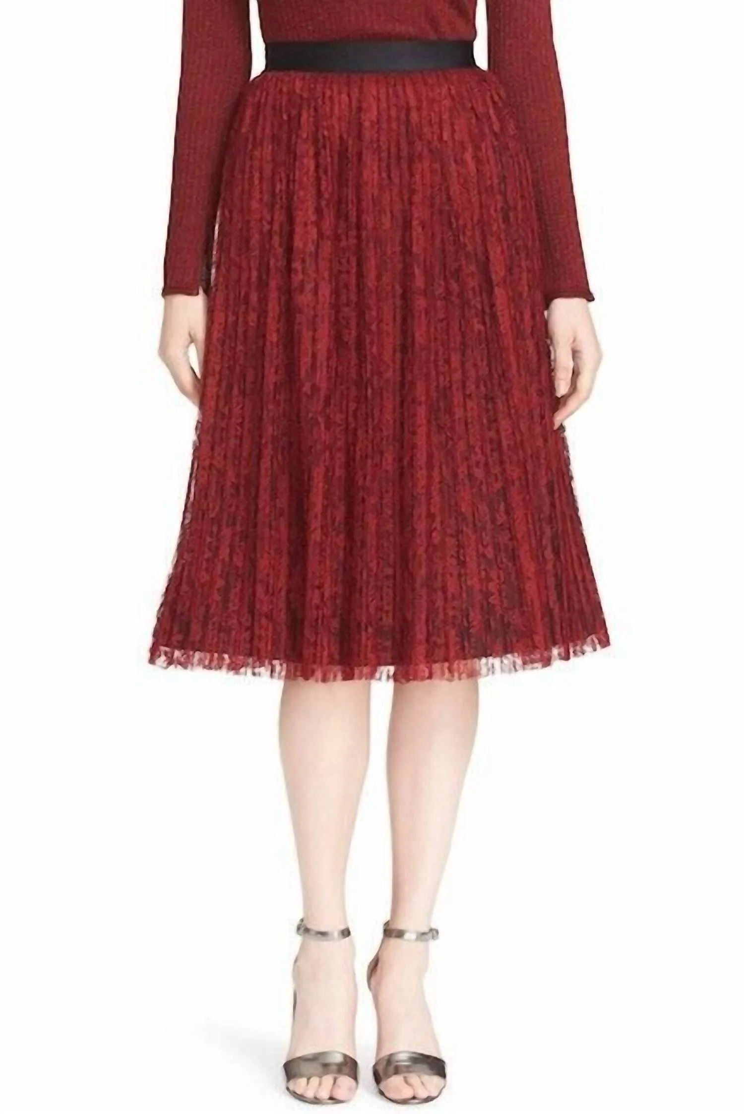 Mikaela Pleated Lace Midi Skirt In Burgundy Red