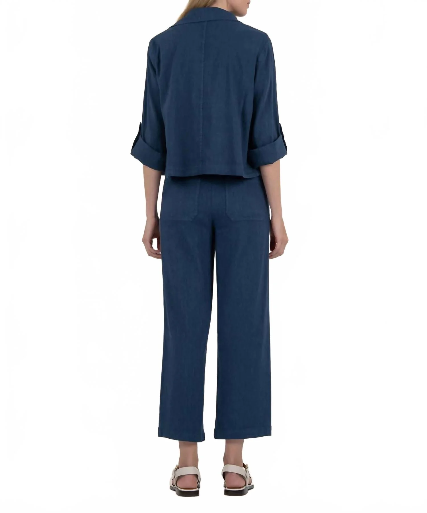 Nadine Linen Crop Blazer In Ocean Blue