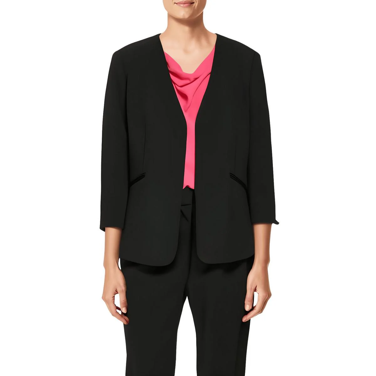 Petites Womens Woven Collarless Open-Front Blazer