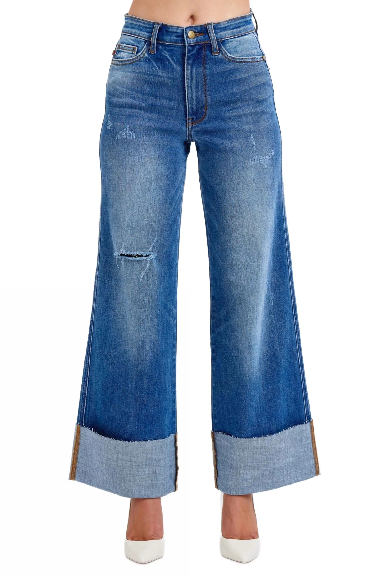 Cuffed Retro Wide Leg Jeans In Medium Wash