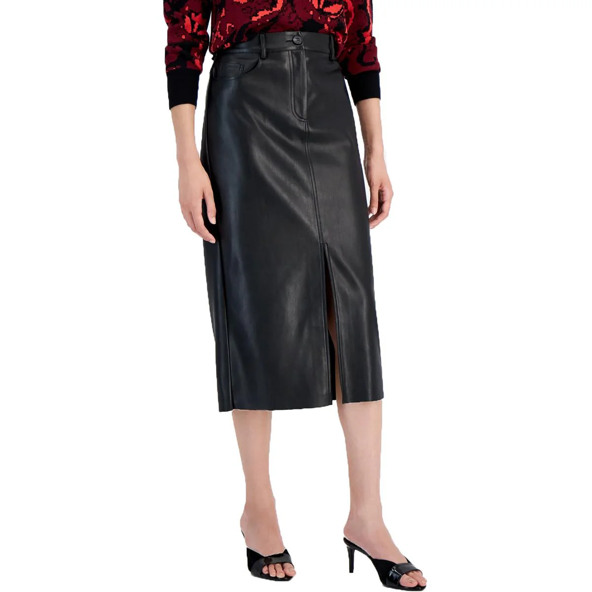 Womens Slit Faux Leather A-Line Skirt