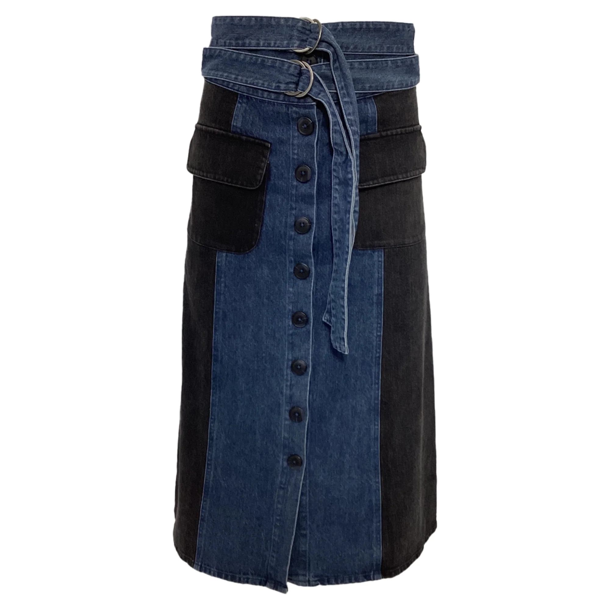 Sea New York Double-Belted Midi Skirt in Blue and Black Cotton Denim