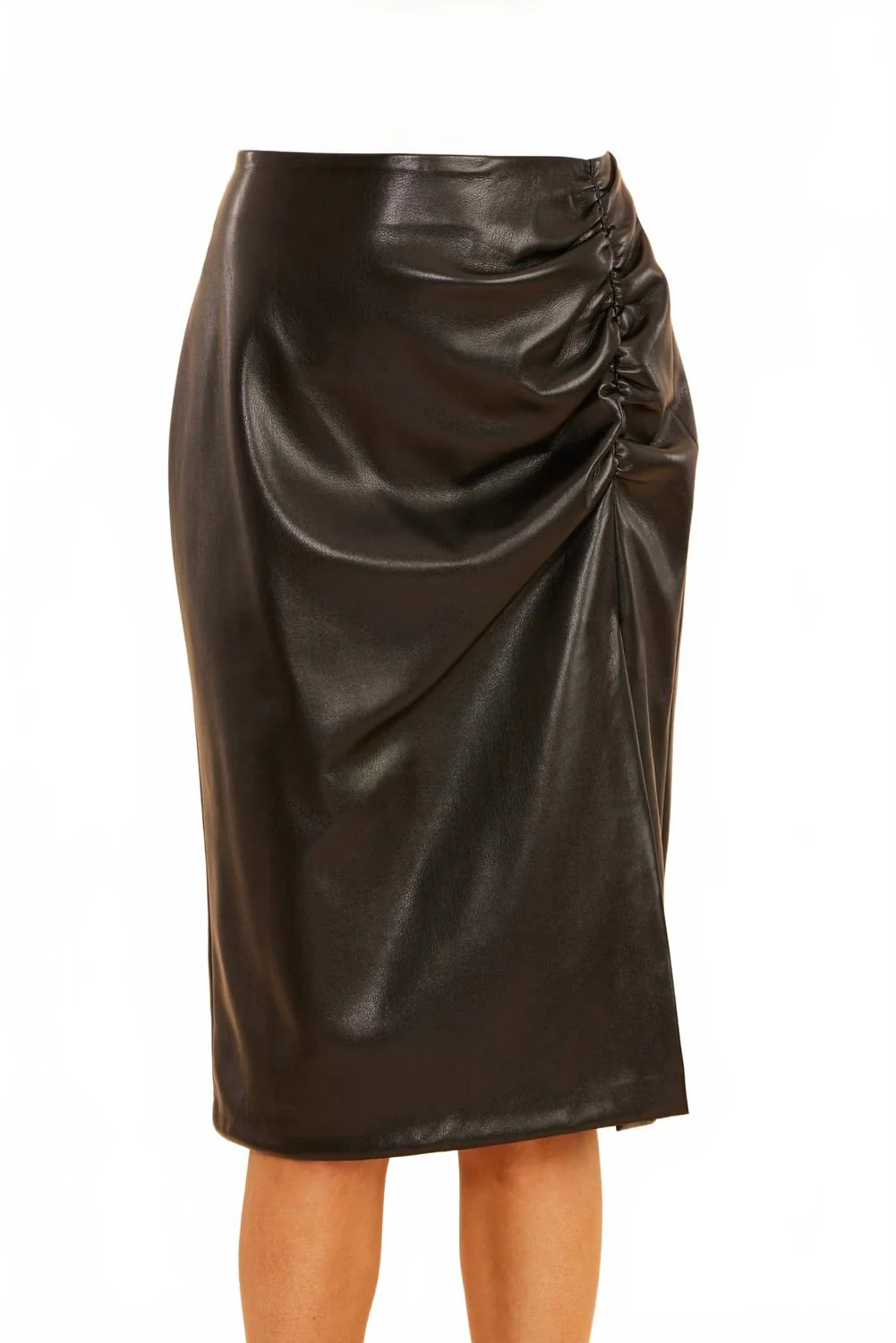 Faux Leather Side Slit Skirt In Black