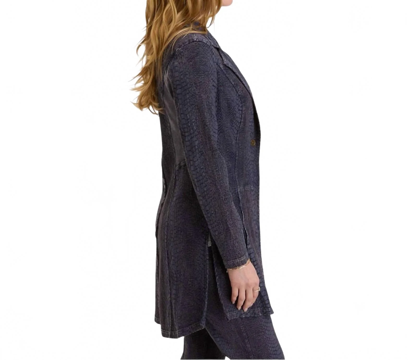 Rhodora Long Blazer In True Navy Acid Wash