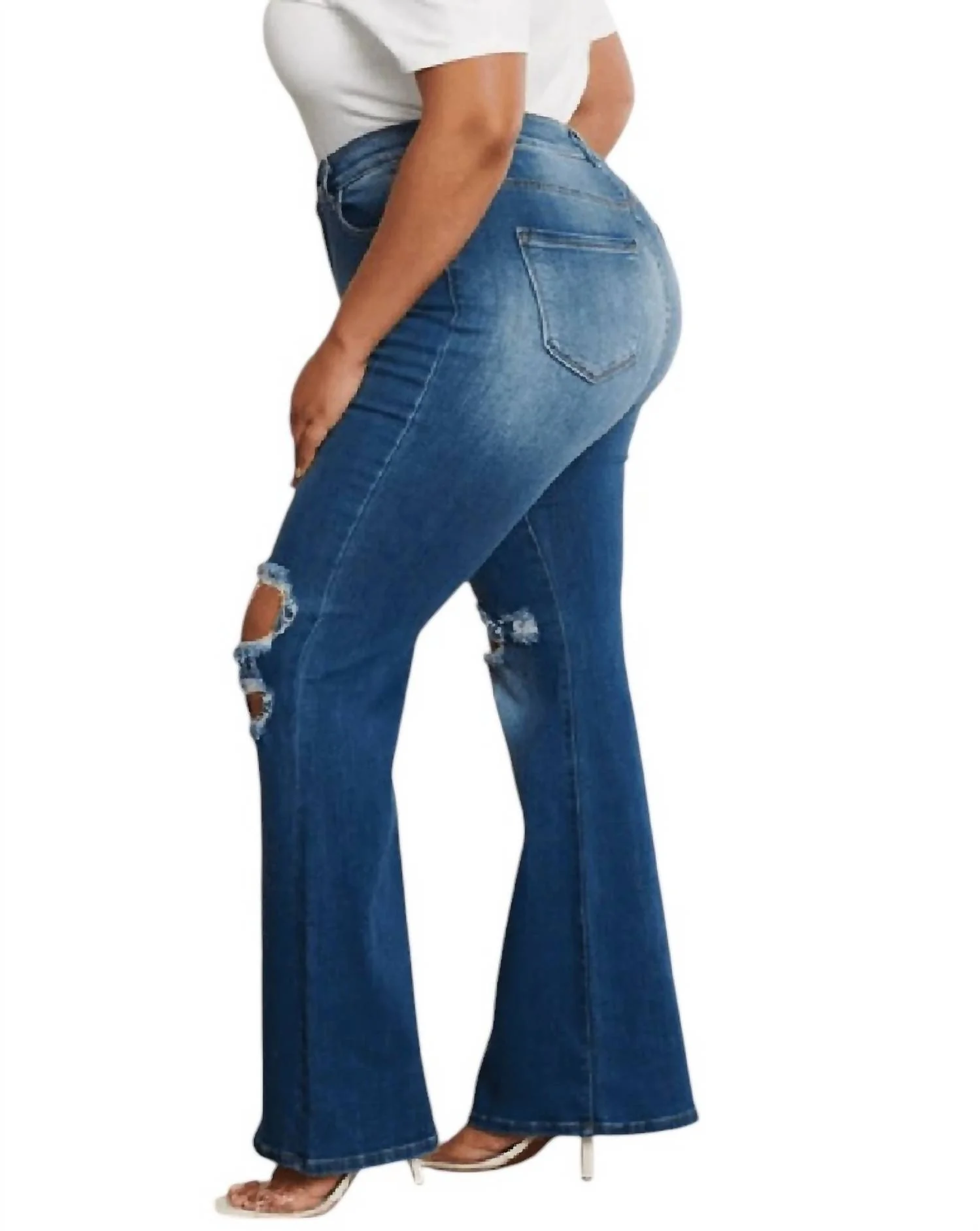Women's Rip Knee Flare Jeans - Plus In Medium Wash