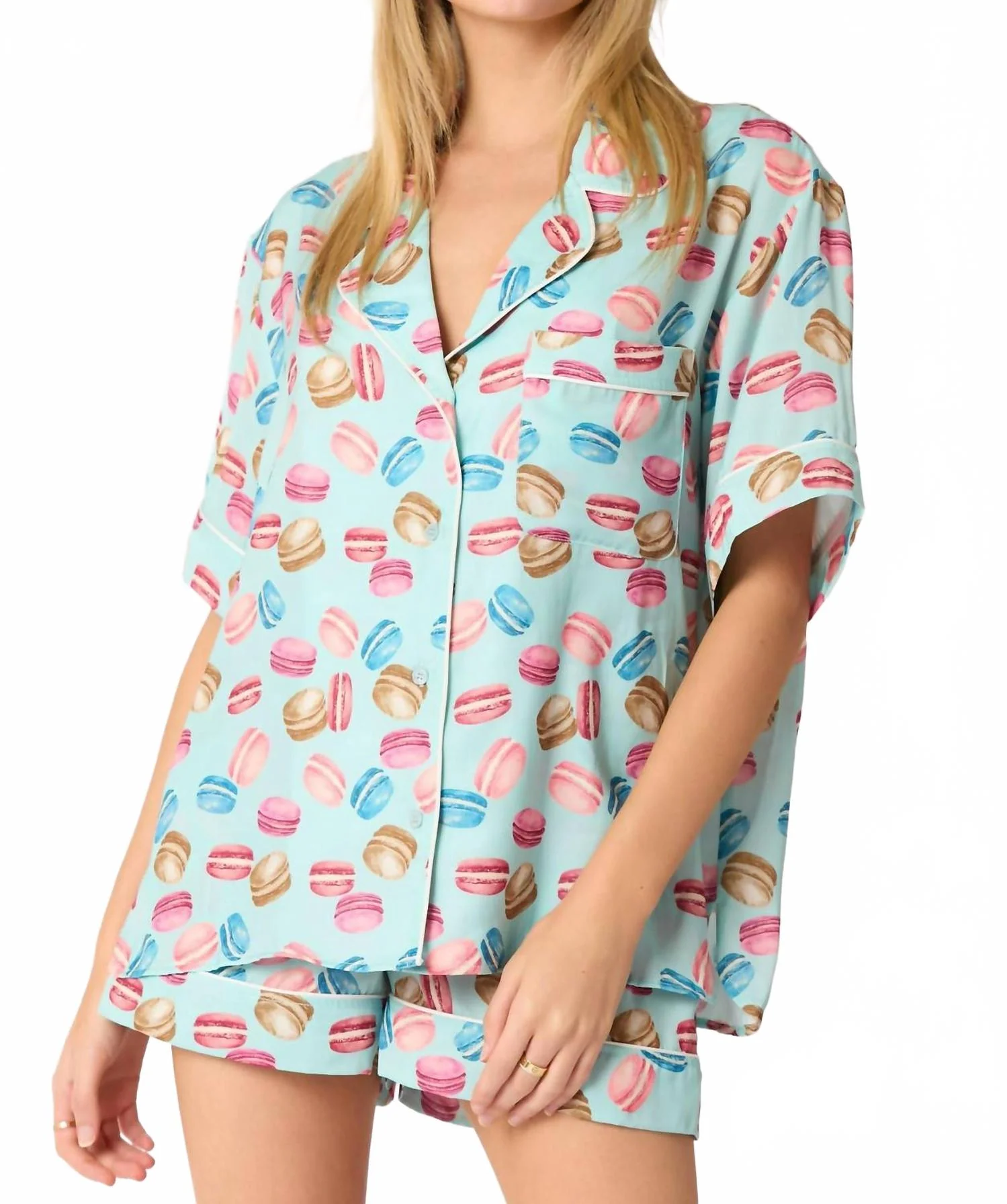Poly Satin Macarons Printed Pajama Shirt In Aqua