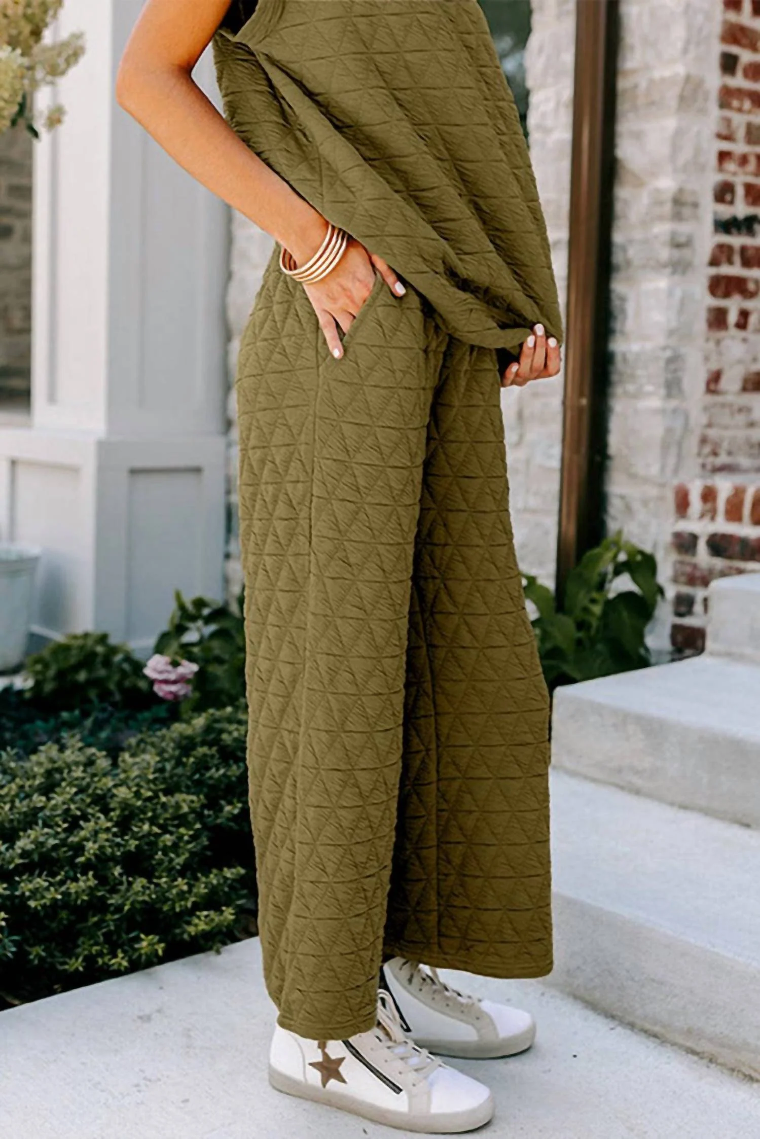 Emory Quilted Wide Leg Pants Set In Sage Green