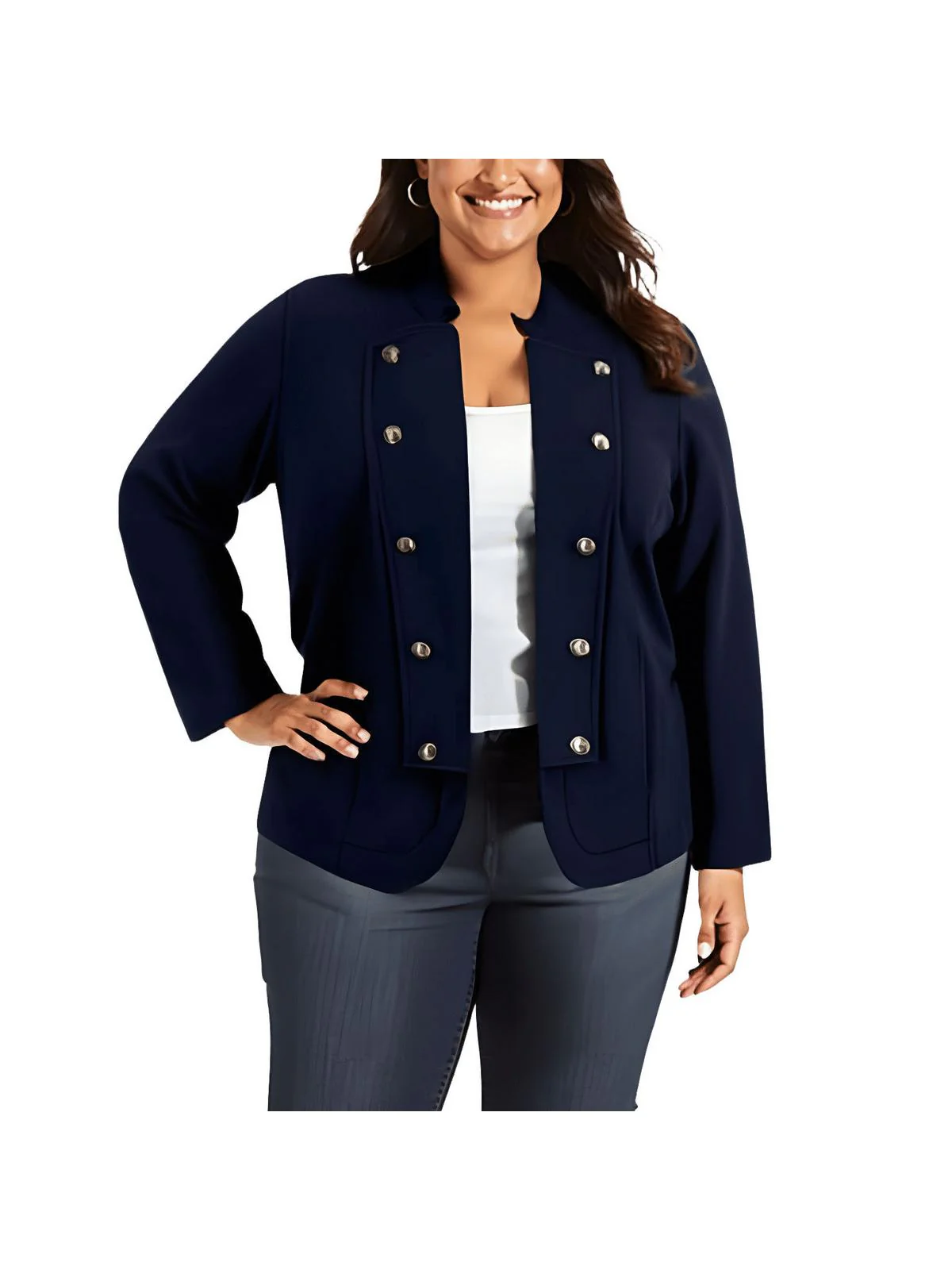Plus Womens Military Band Button Detail Open-Front Blazer