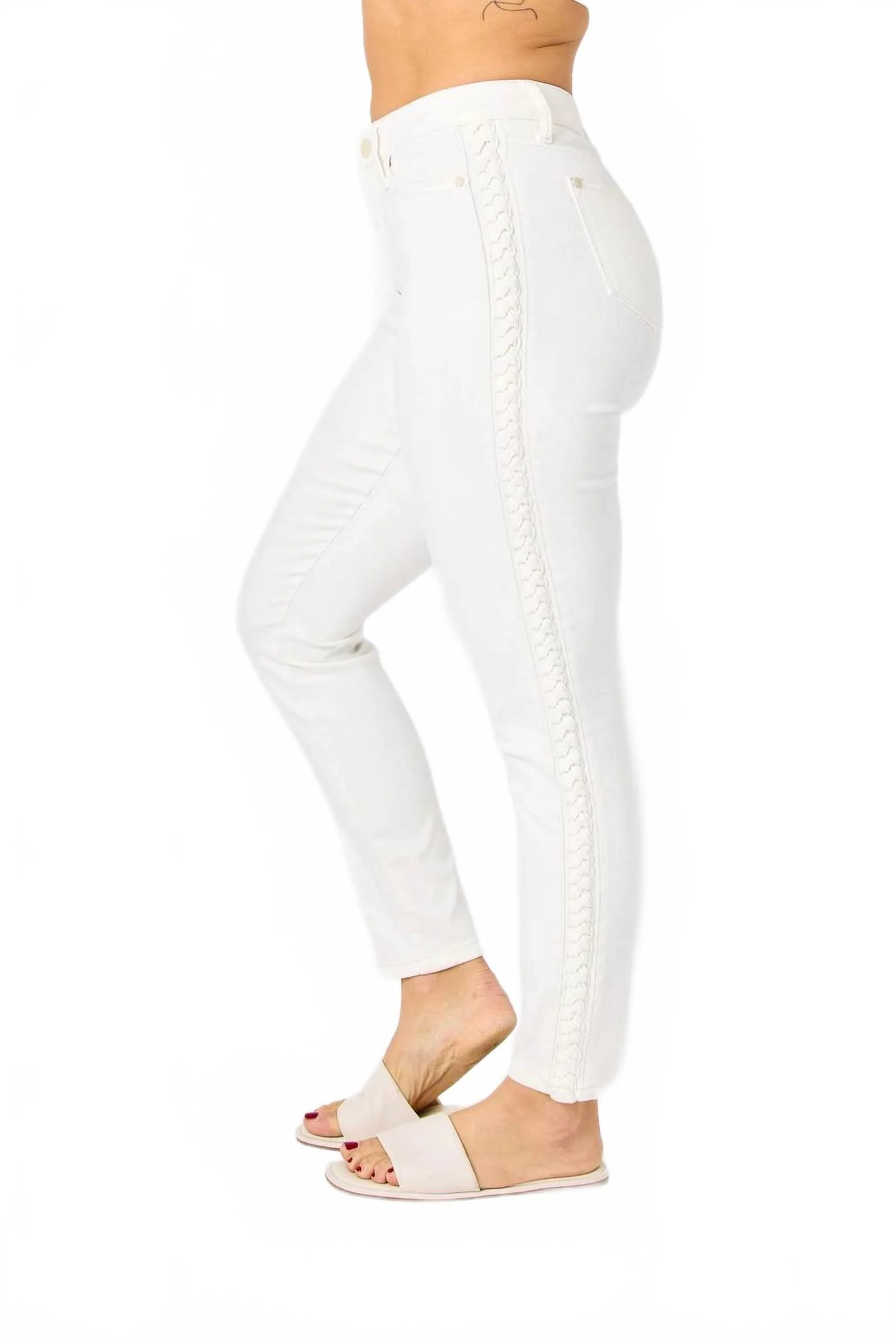 Mid Rise Braided Detail Jeans In White