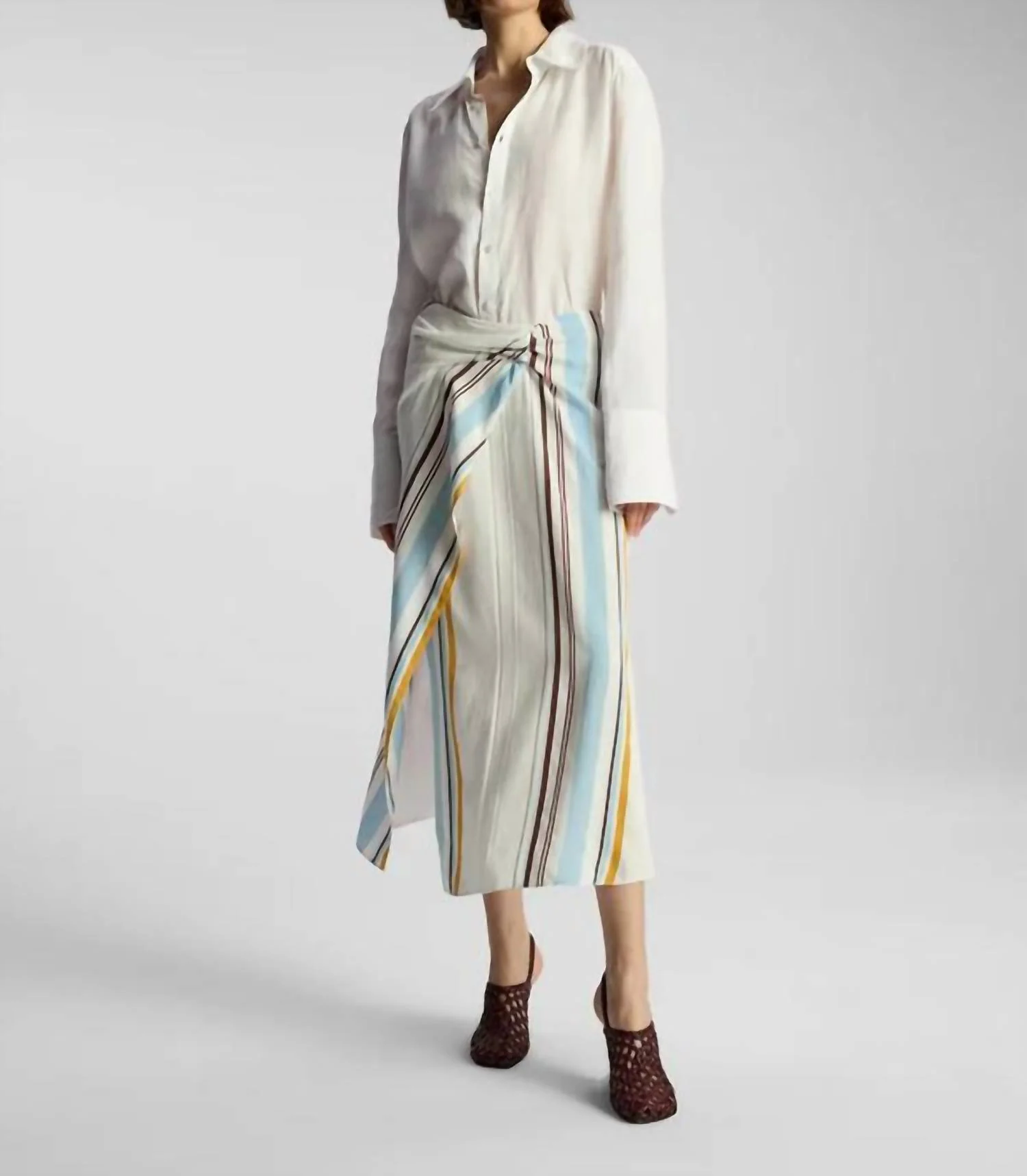 Clara Faux Wrap Midi Skirt In White Stripe