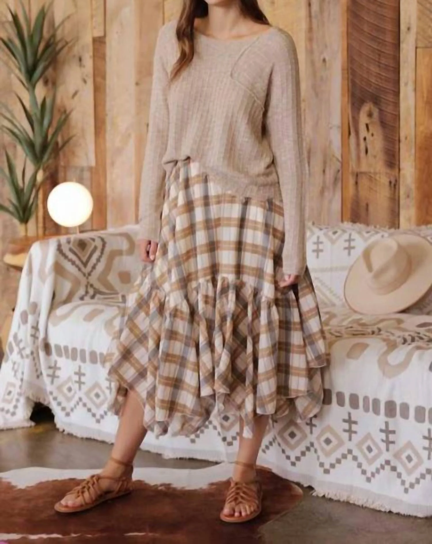 Unmatched Plaid Ruffle Midi Skirt In Khaki