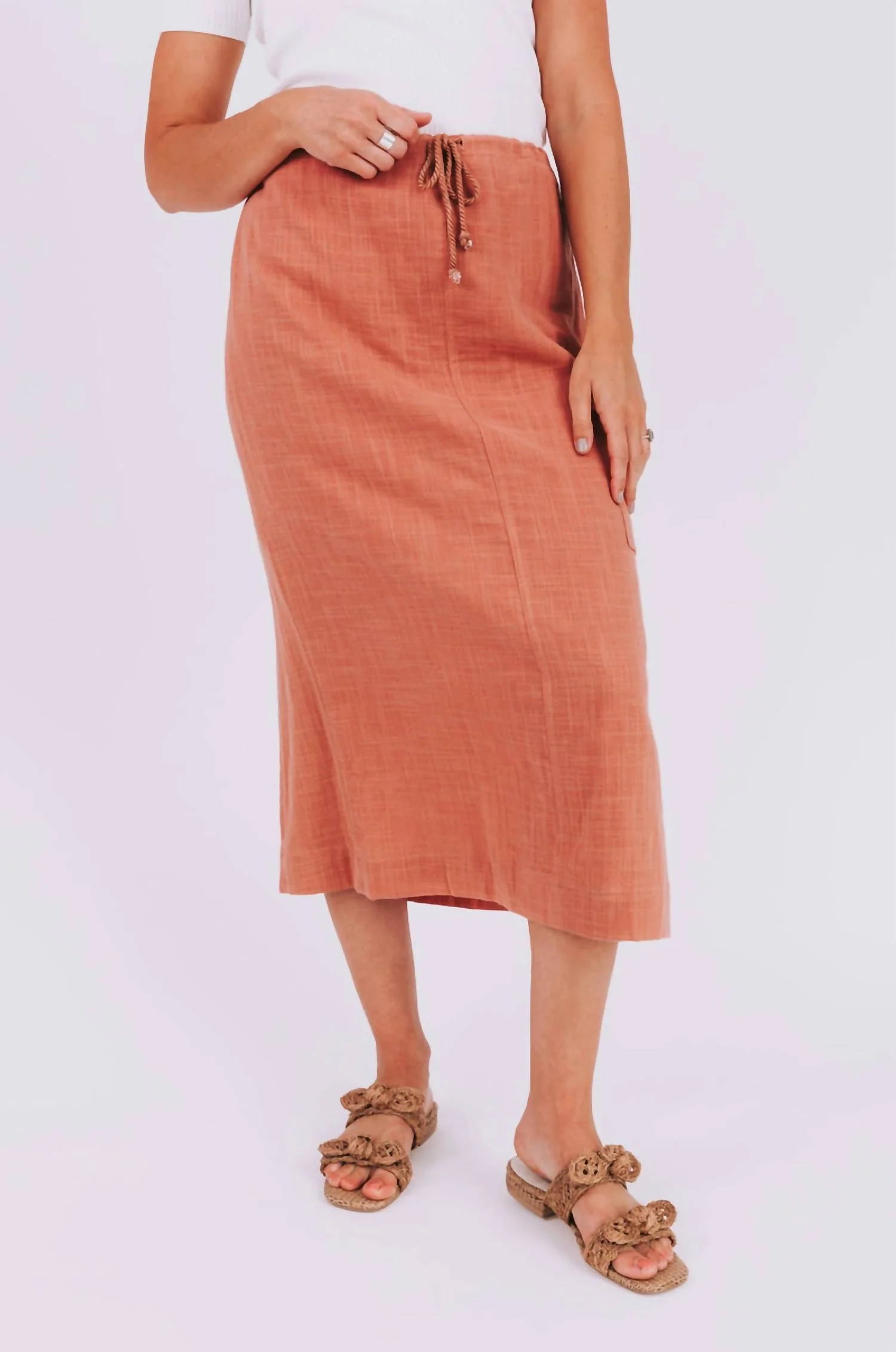 Braided Drawstring Linen Skirt In Rose
