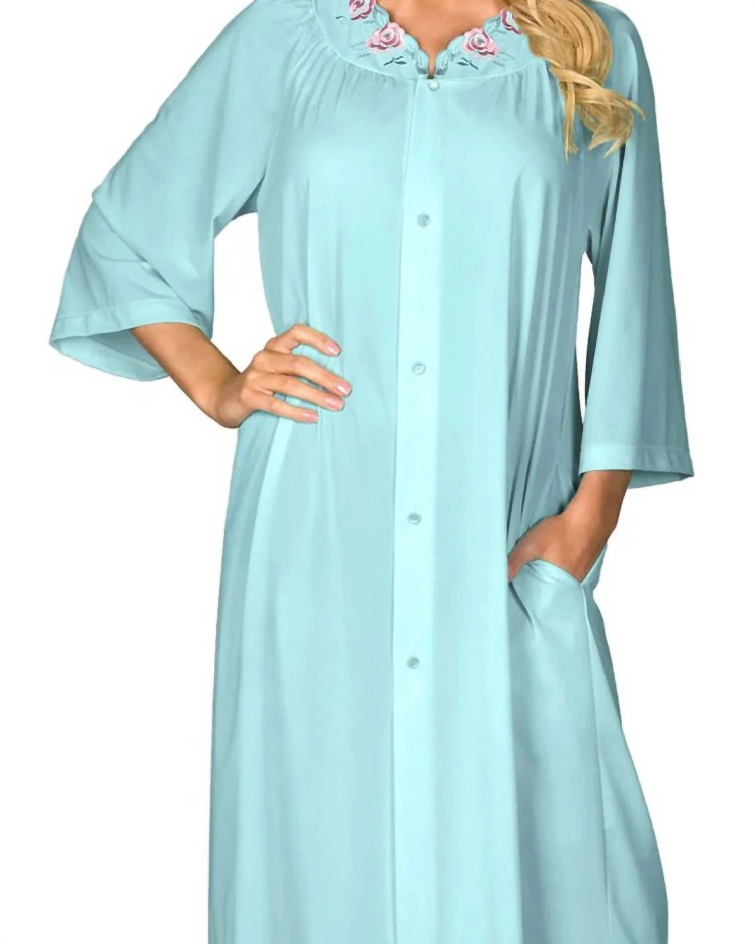 Short 3/4 Sleeve Button Down Robe In Seadoam
