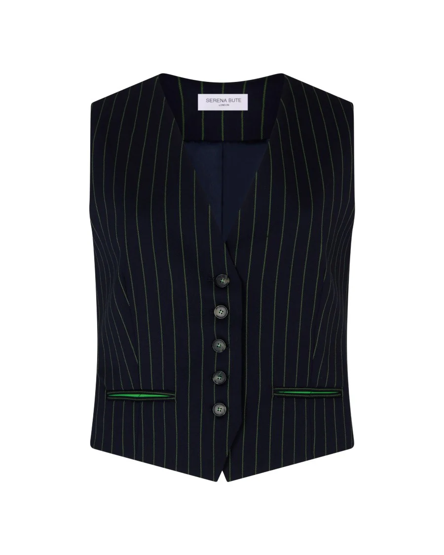 Wool Pinstripe Waistcoat - Navy/Green