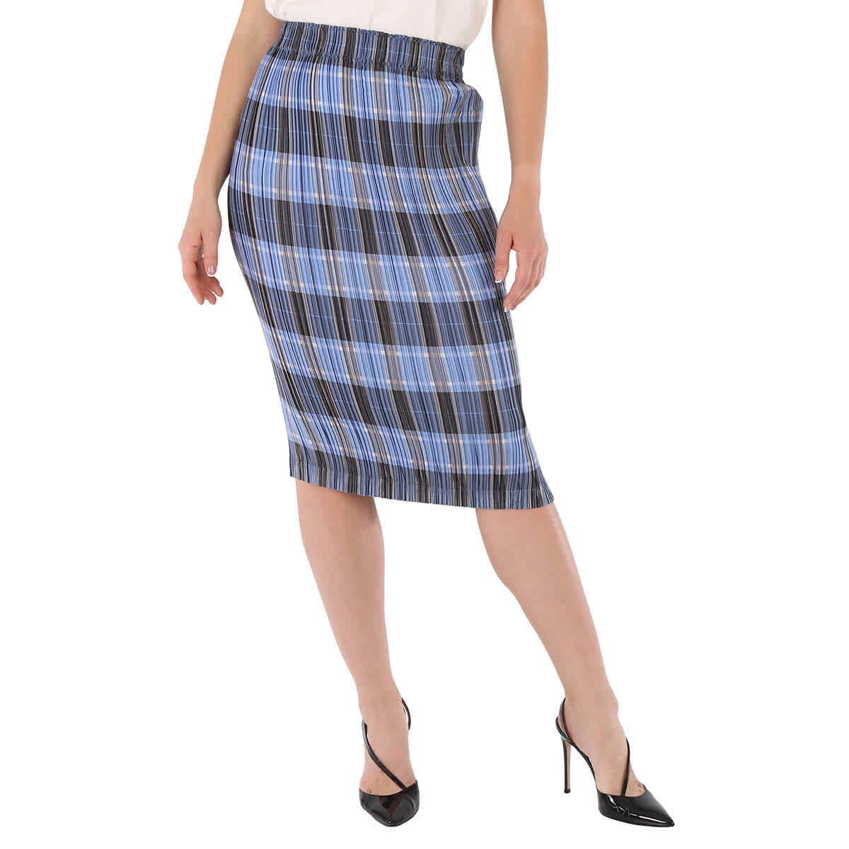 Burberry Ladies Pale Blue Check Plisse Pleated Check Pencil Skirt
