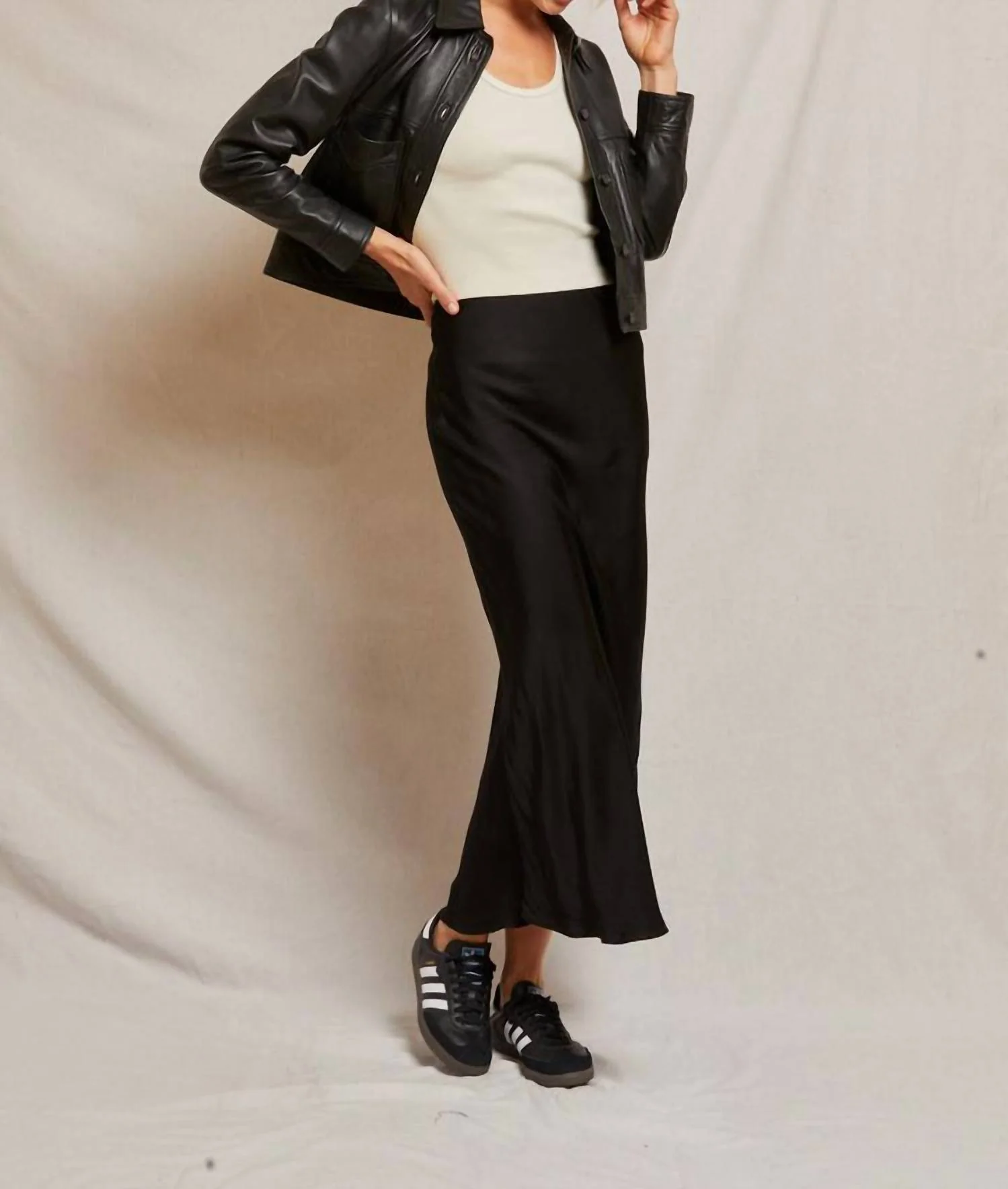 Genevieve Satin Slip Skirt In True Black