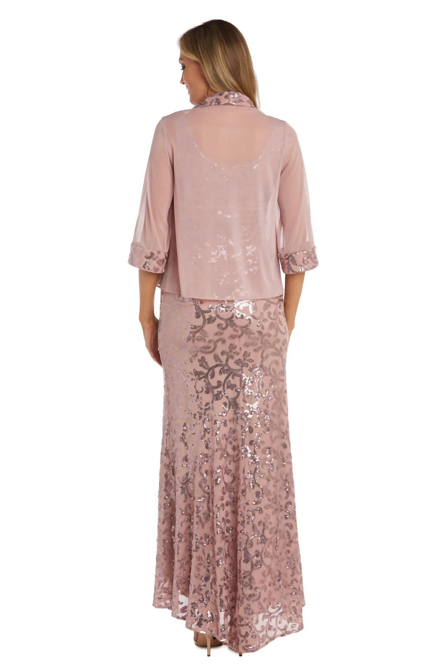 Sequined Evening Jacket & Dress Set In Blush