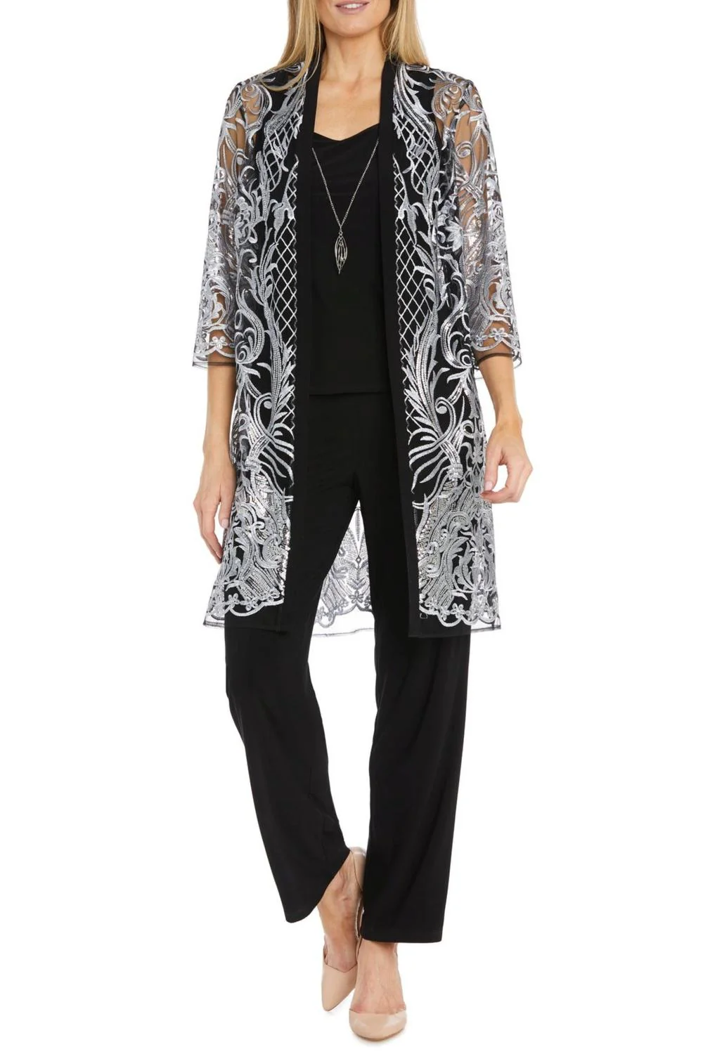 3 Piece Evening Pant Set In Silver Black