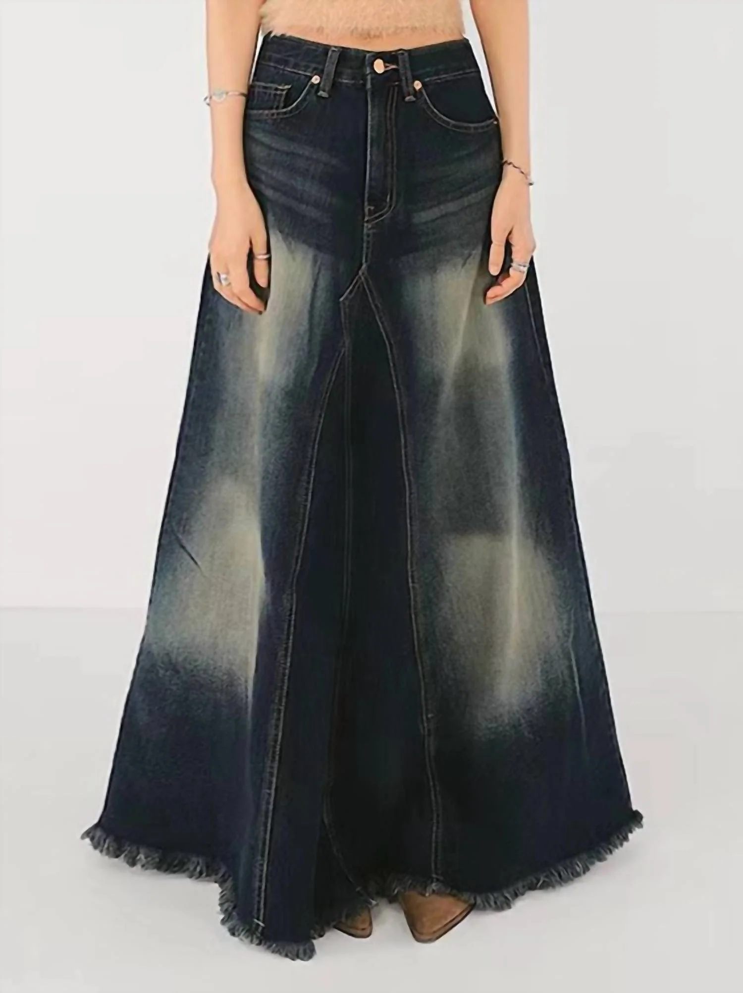 Distressed Fishtail Split Design Frayed Denim Skirt In Blue
