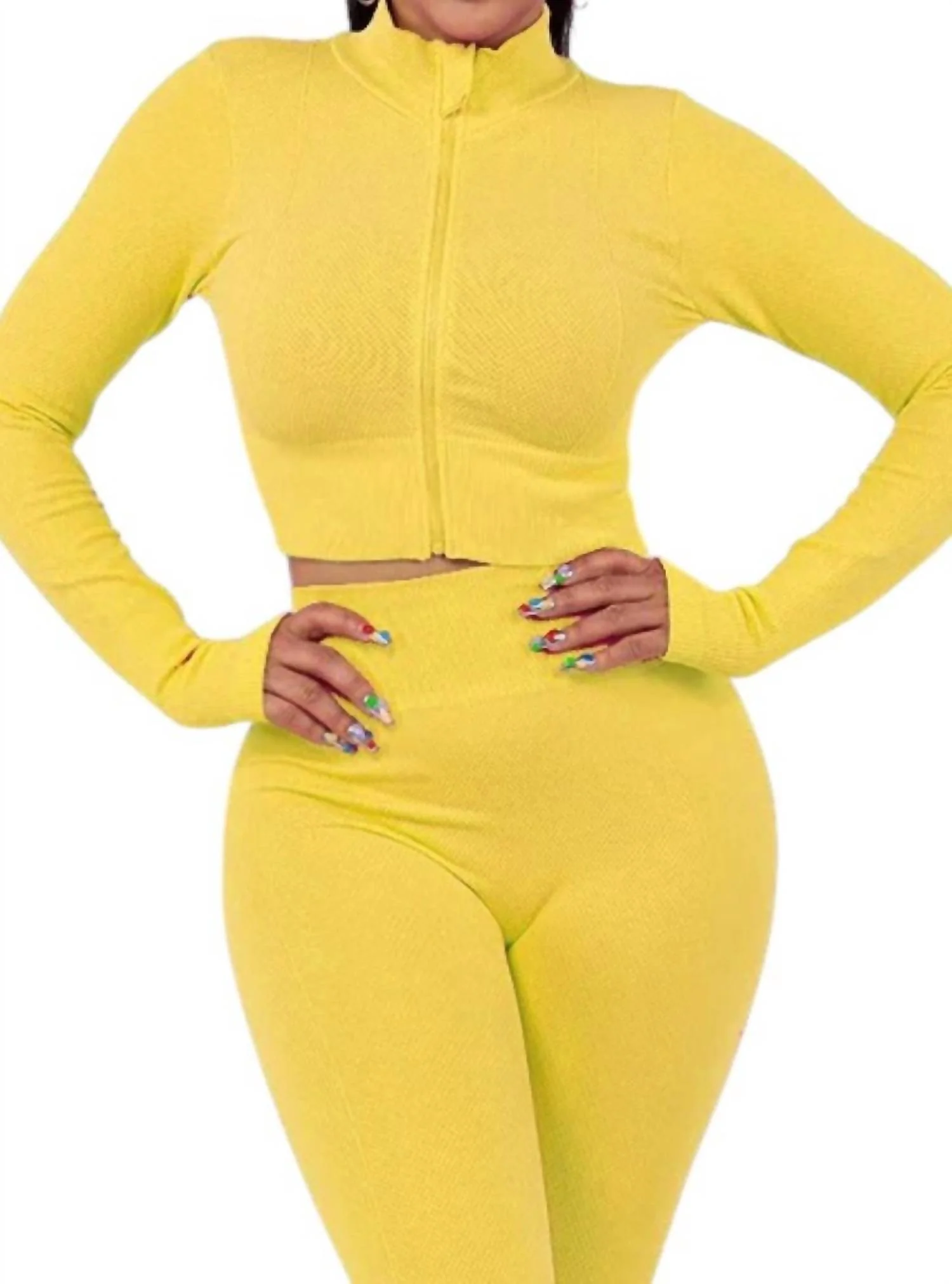 Long Sleeve Top And Pants Loungin Set In Yellow