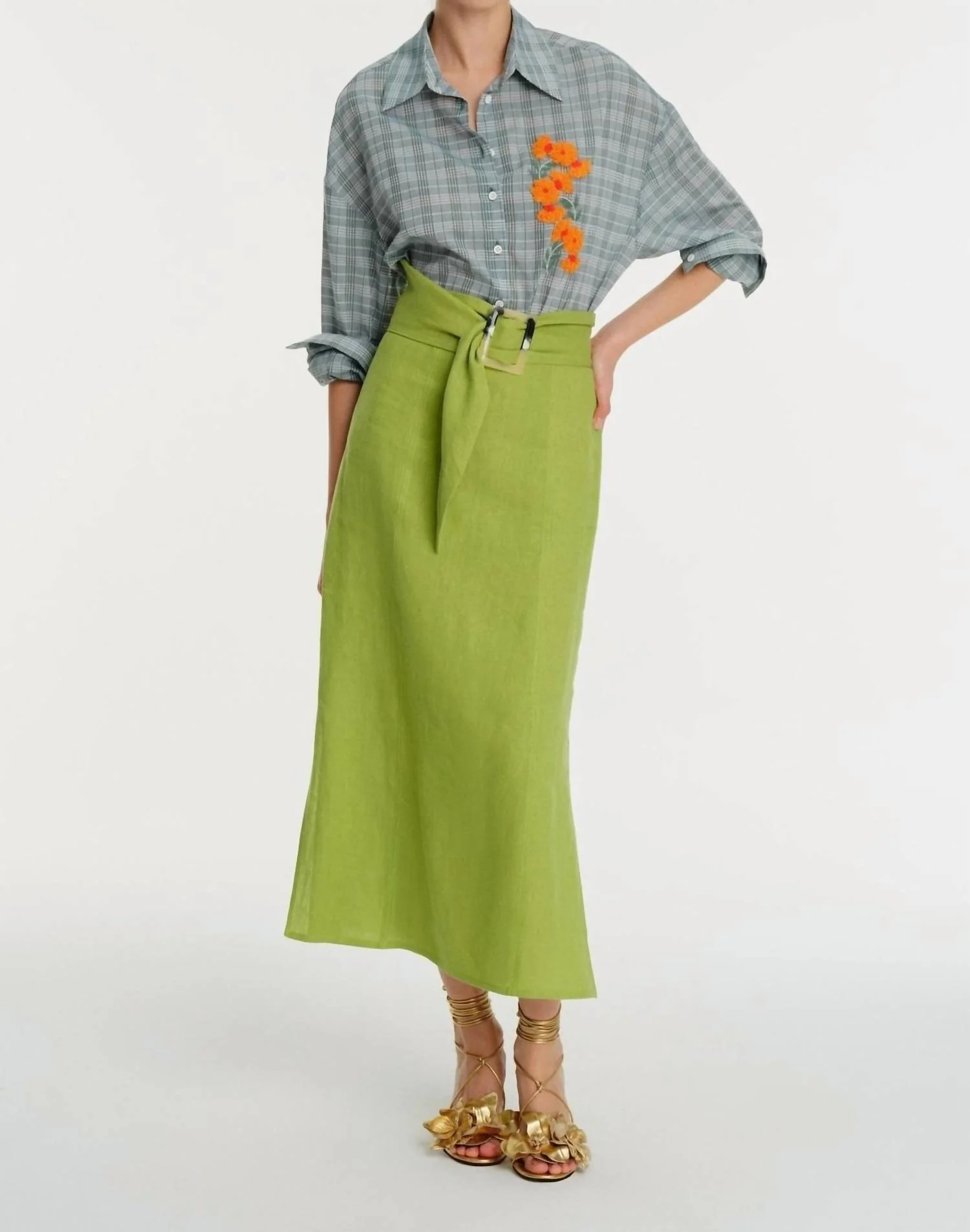 Midi Length Linen Skirt In Green