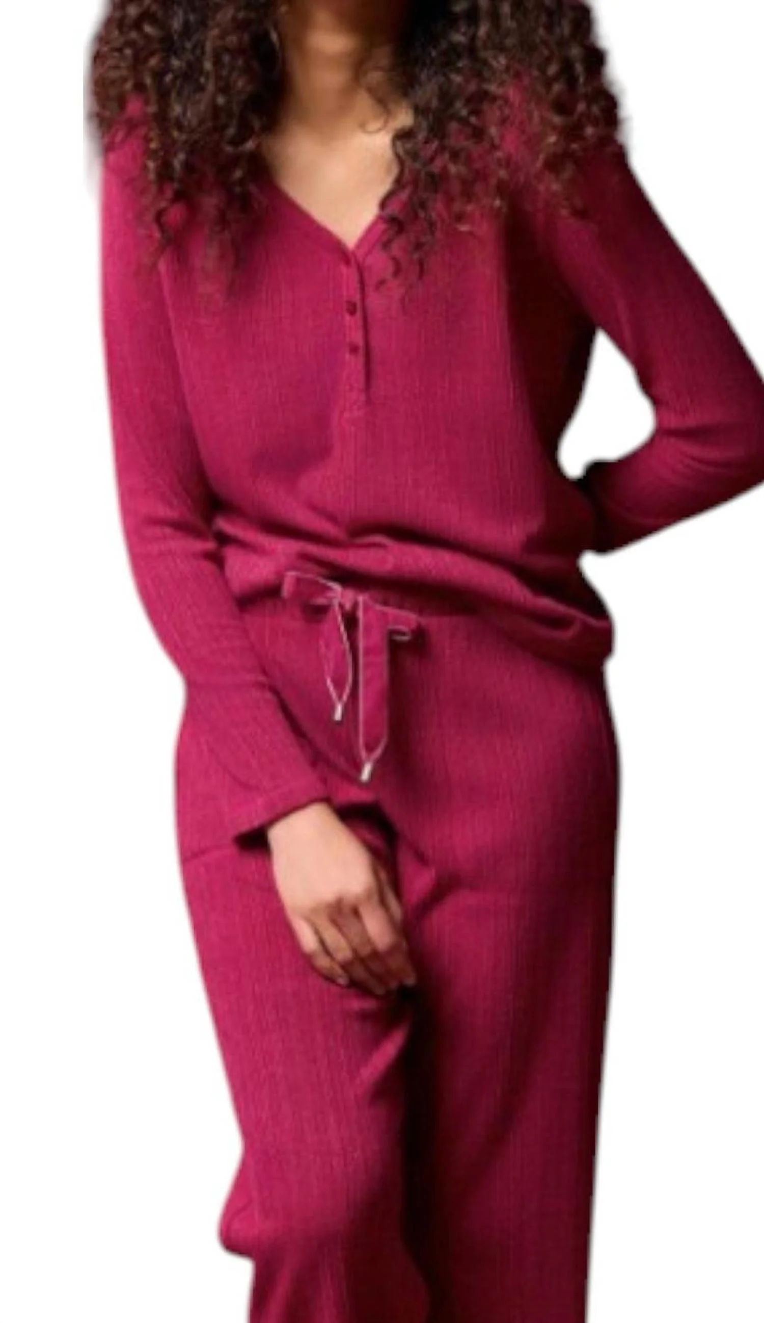 2 Piece Henley Pajama Set In Red Plum