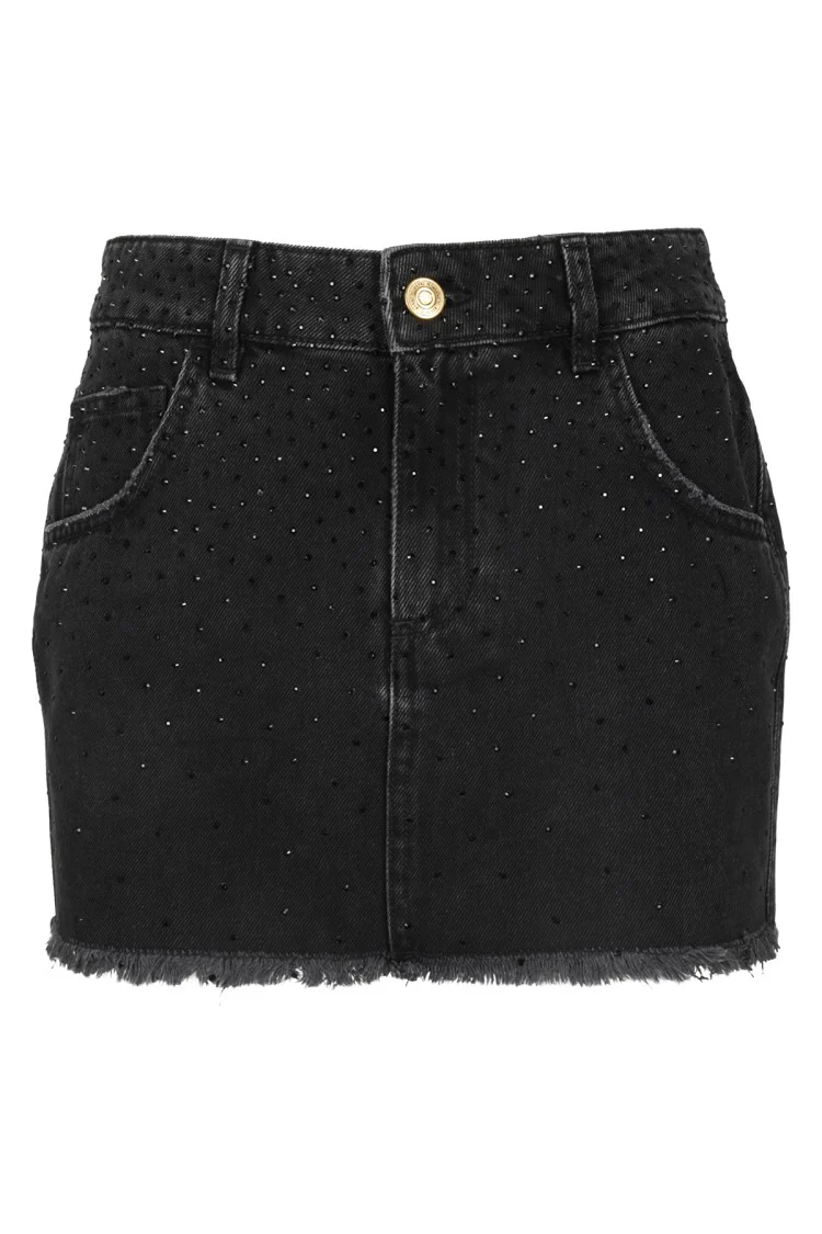 Black Denim Miniskirt With Gem Decoration