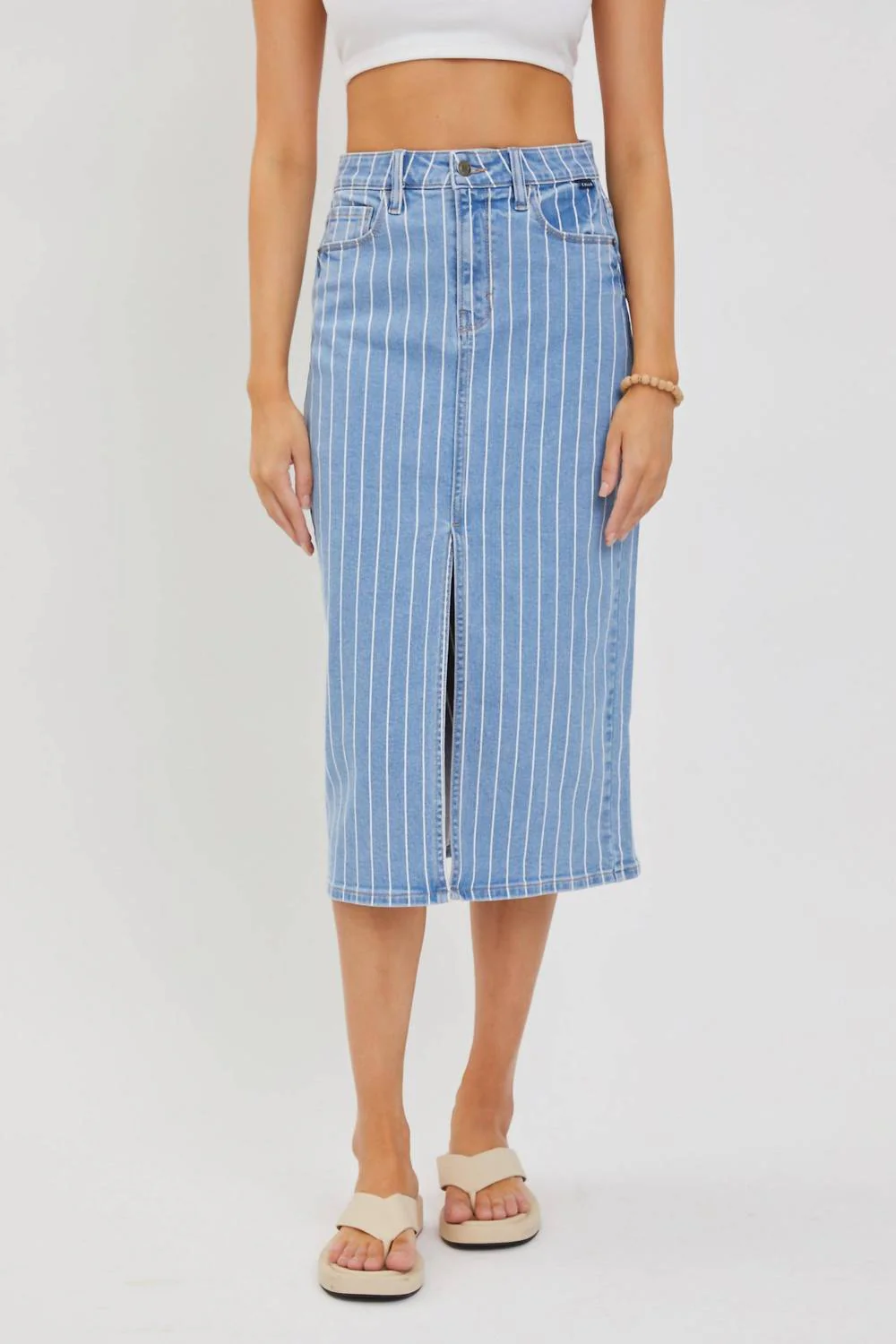 High Rise Midi Skirt With Front Slit In Blue