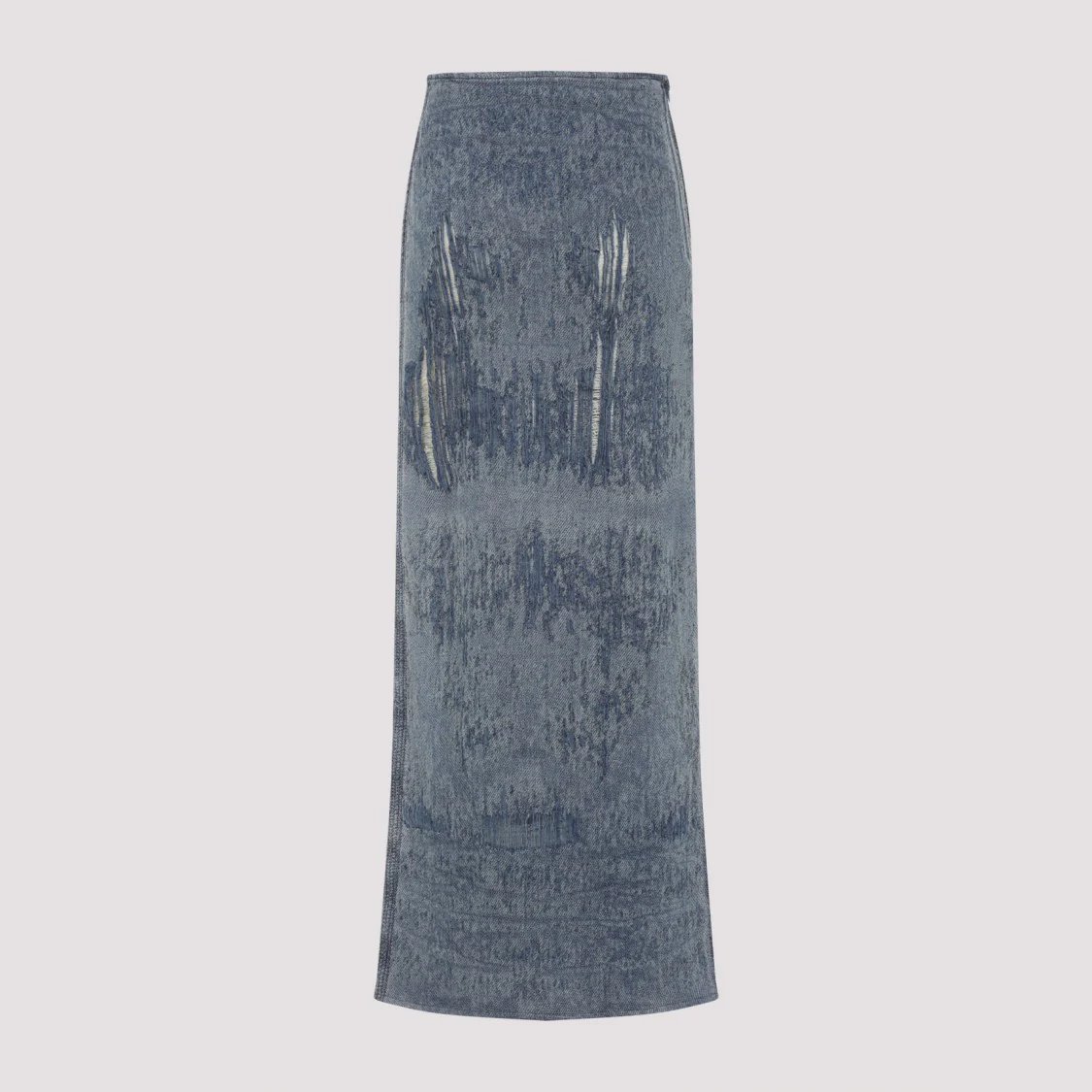 Fitted Distressed Blue Denim Long Skirt