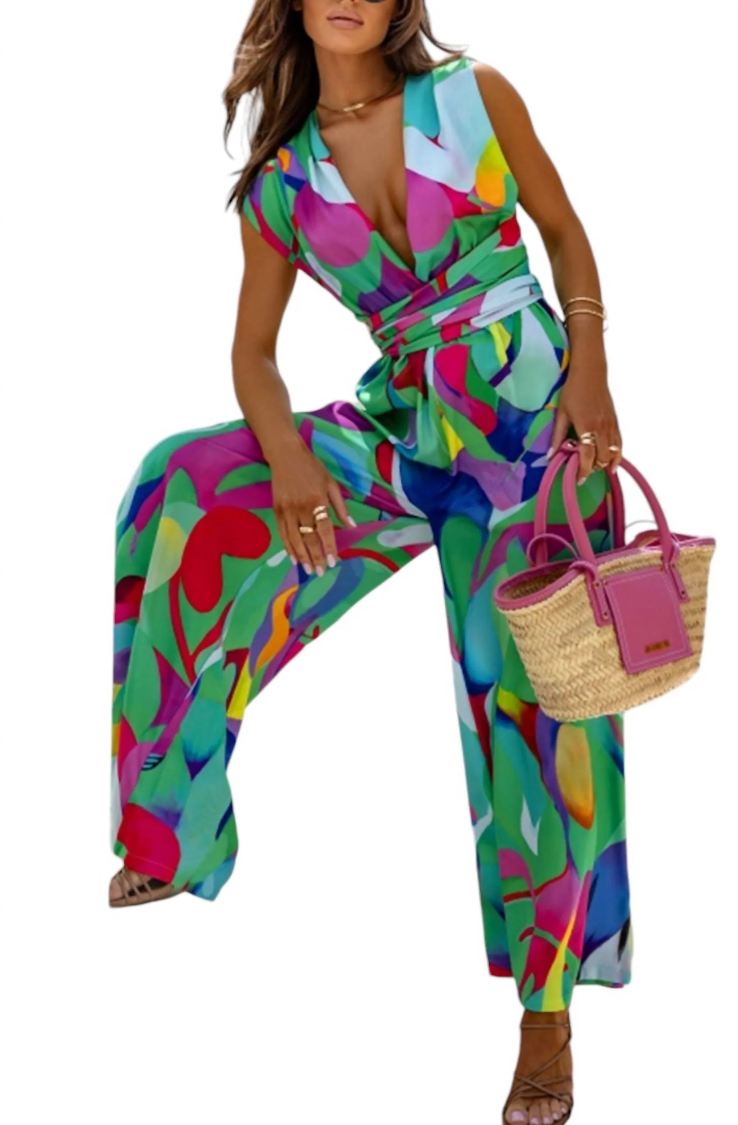 Valina Tie Up Abstract Wide Leg Jumpsuit In Green