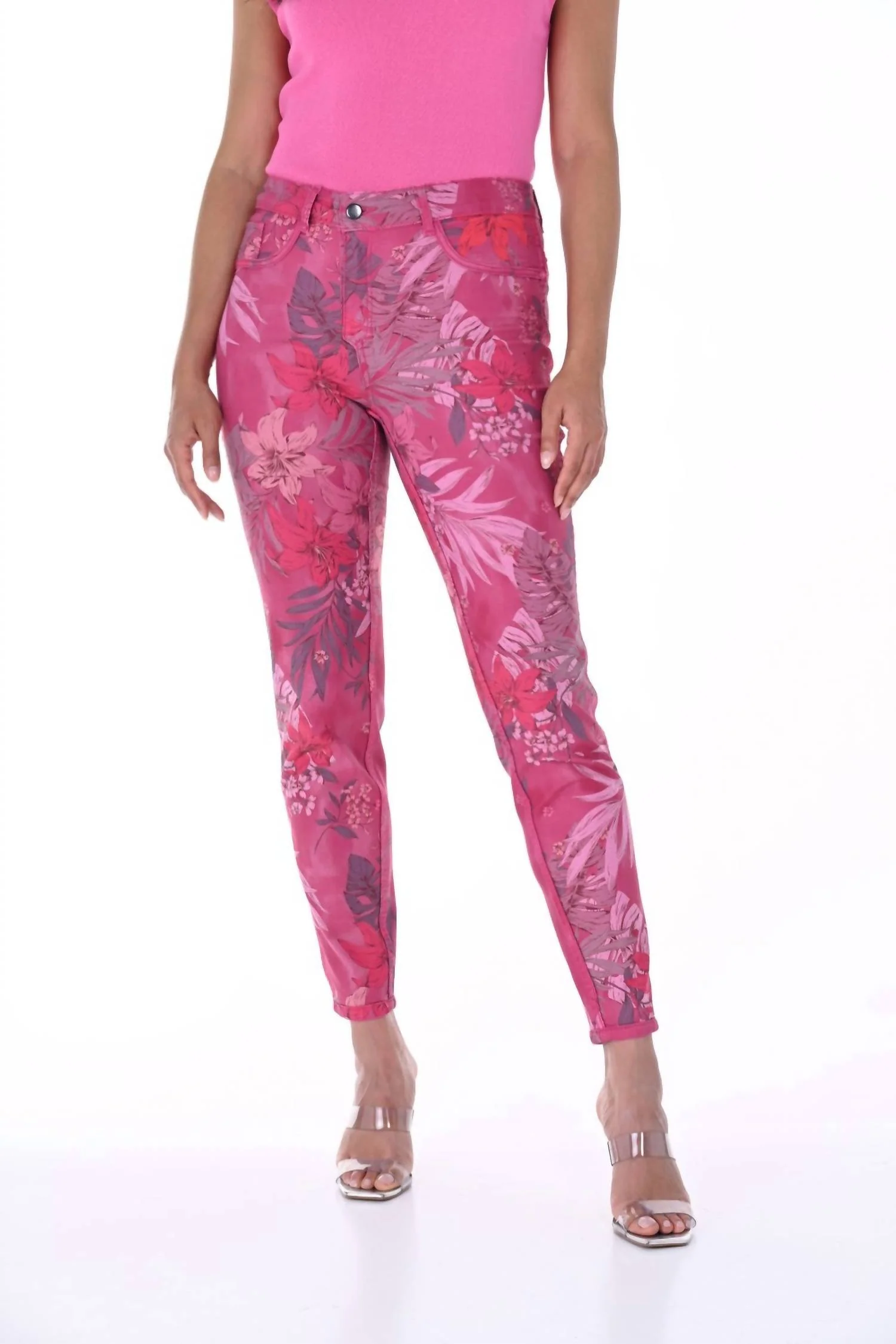 Reversible Floral Mid-Rise Skinny Trousers In Fushia