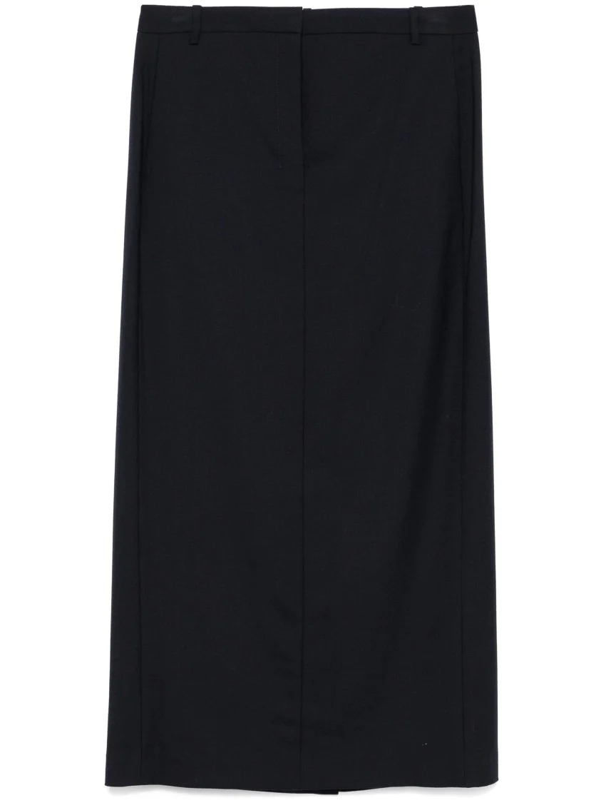 Navy Blue Wool Twill Midi Skirt