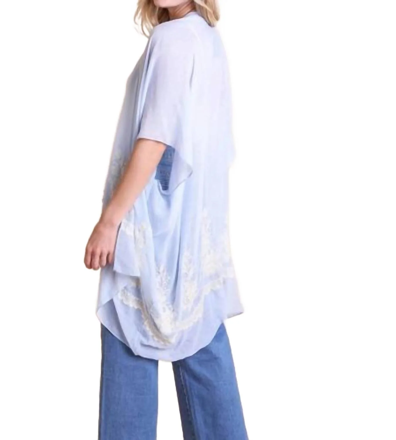 Lightweight Floral Embroidered Tassels Boho Festival Kimono Wrap In Blue