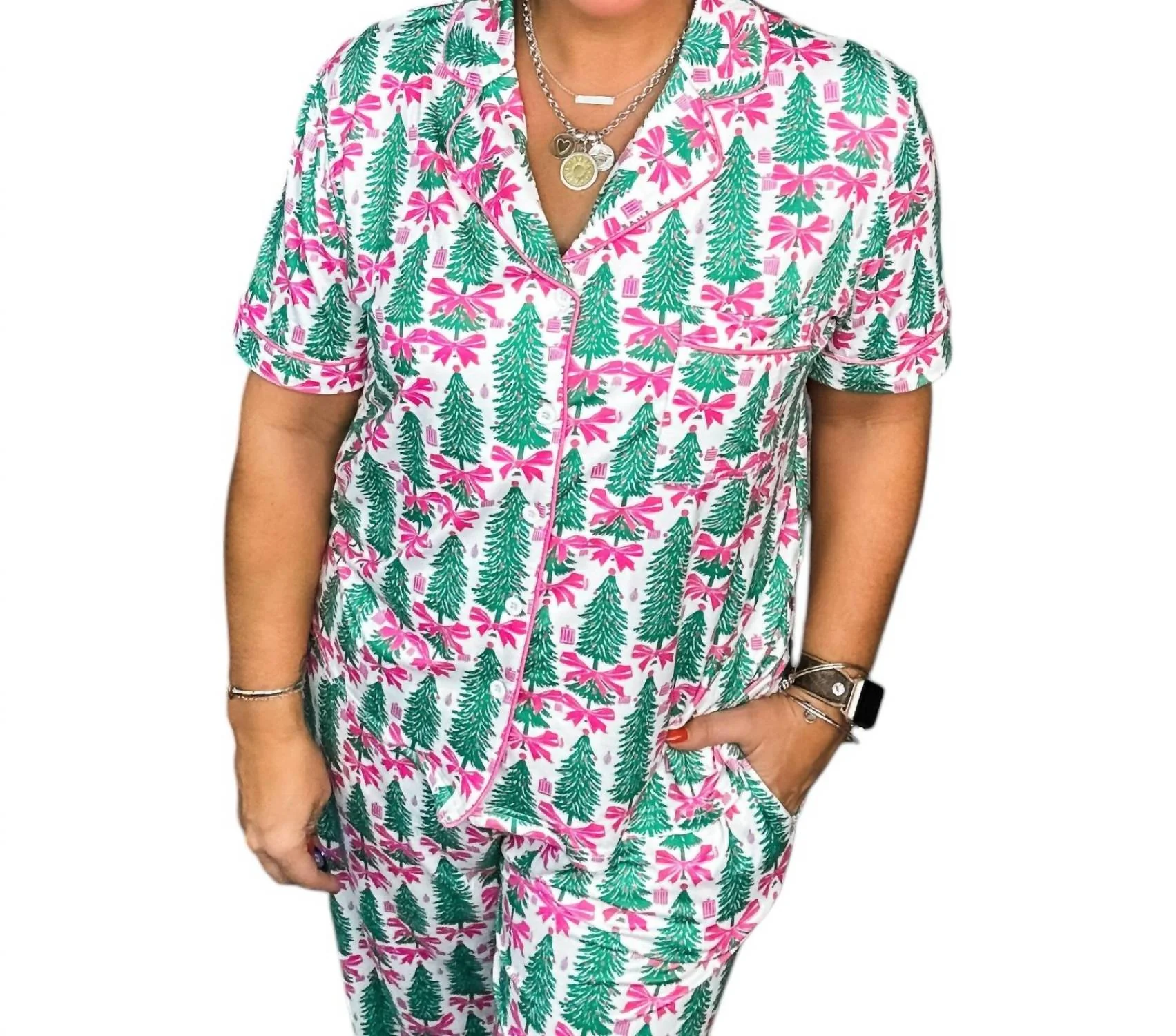 Tis The Season Luxe Pajama Set In Green/pink/white