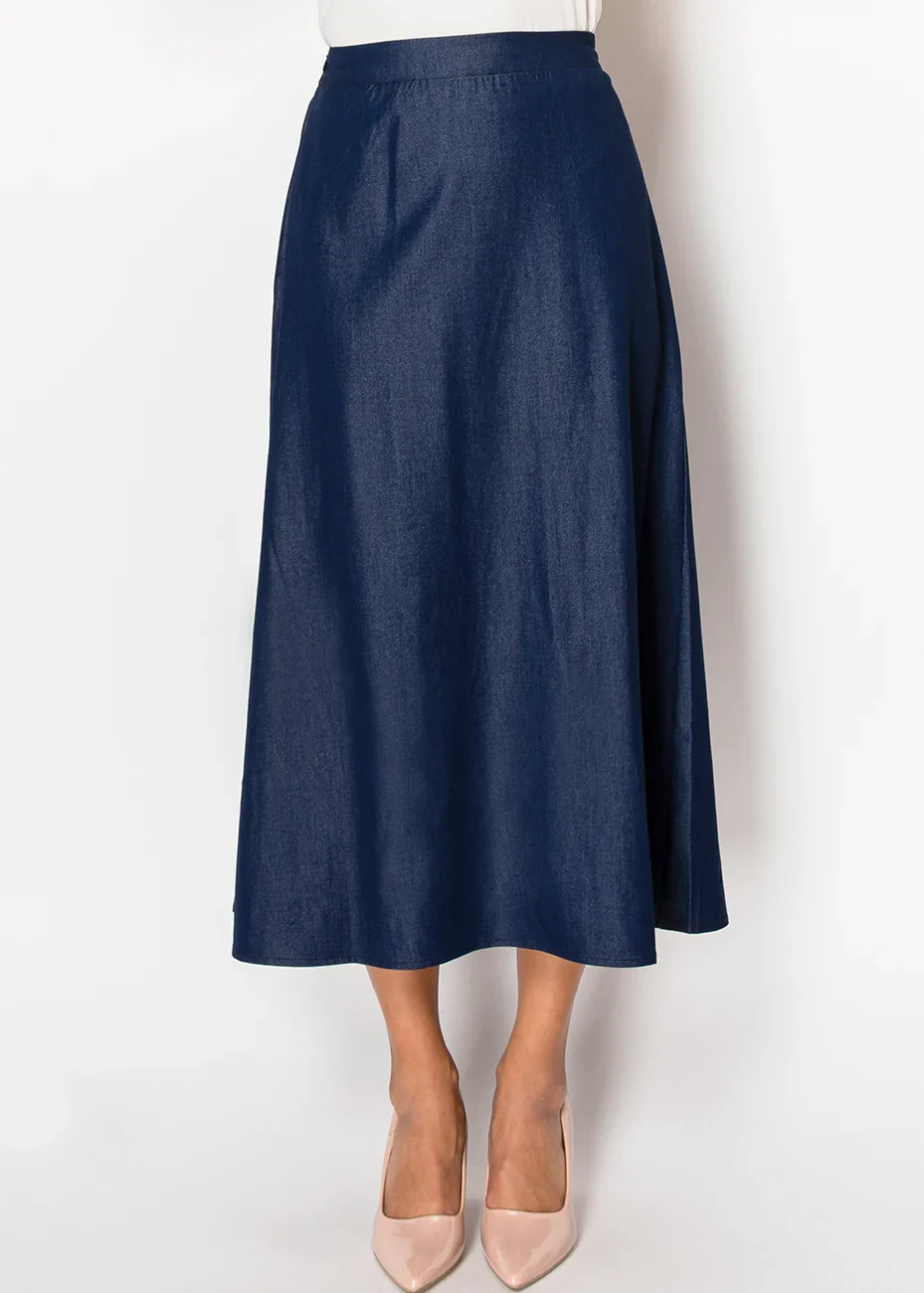 Navy Denim Midi Skirt