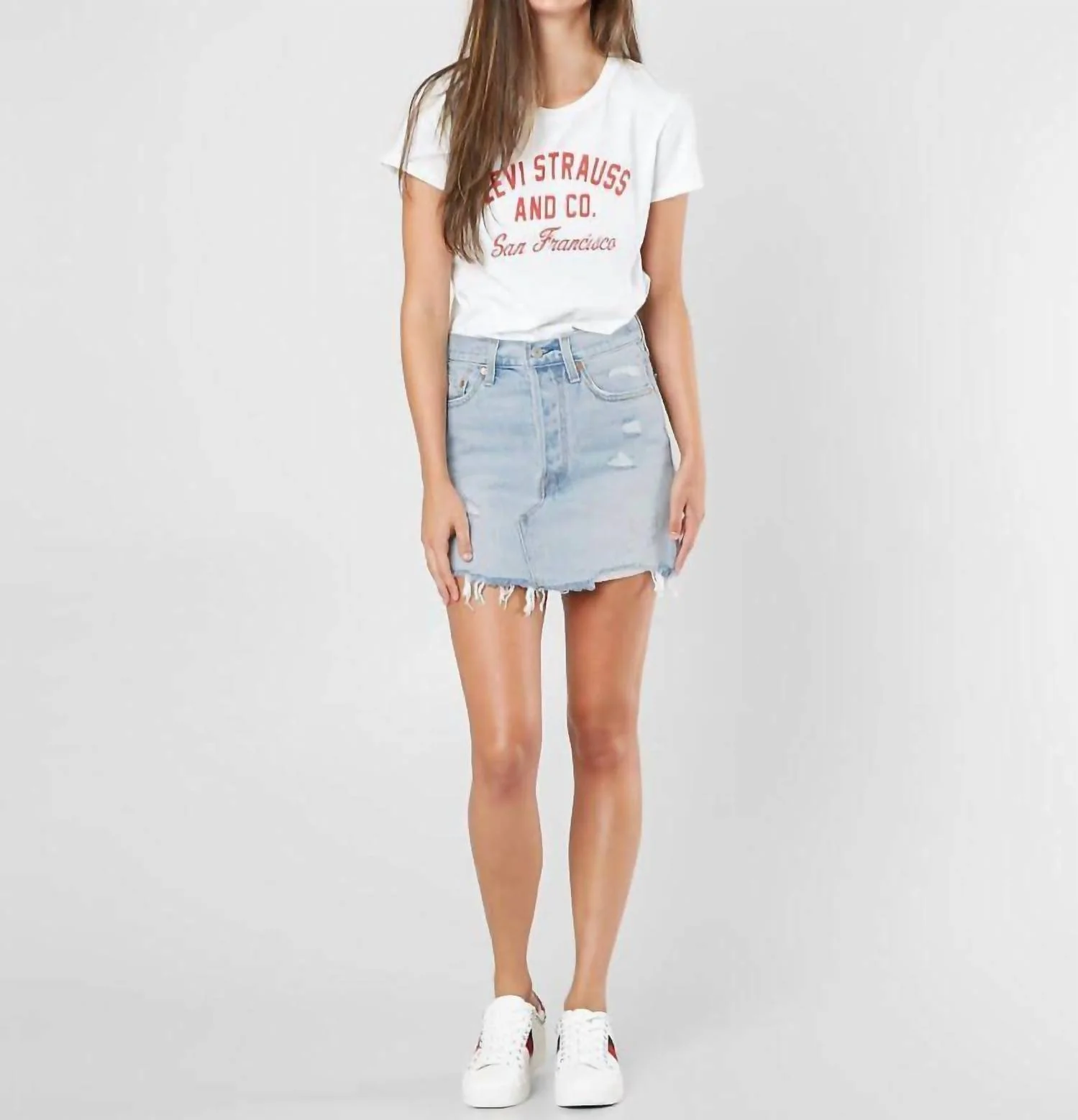 Denim Distressed Raw Hem Cotton Mini Skirt In Blue