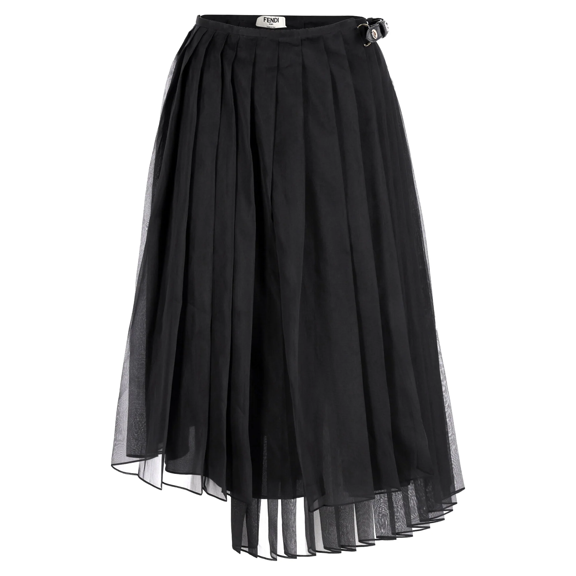 Fendi Pleated Asymmetric Midi Tulle Skirt in Black Silk