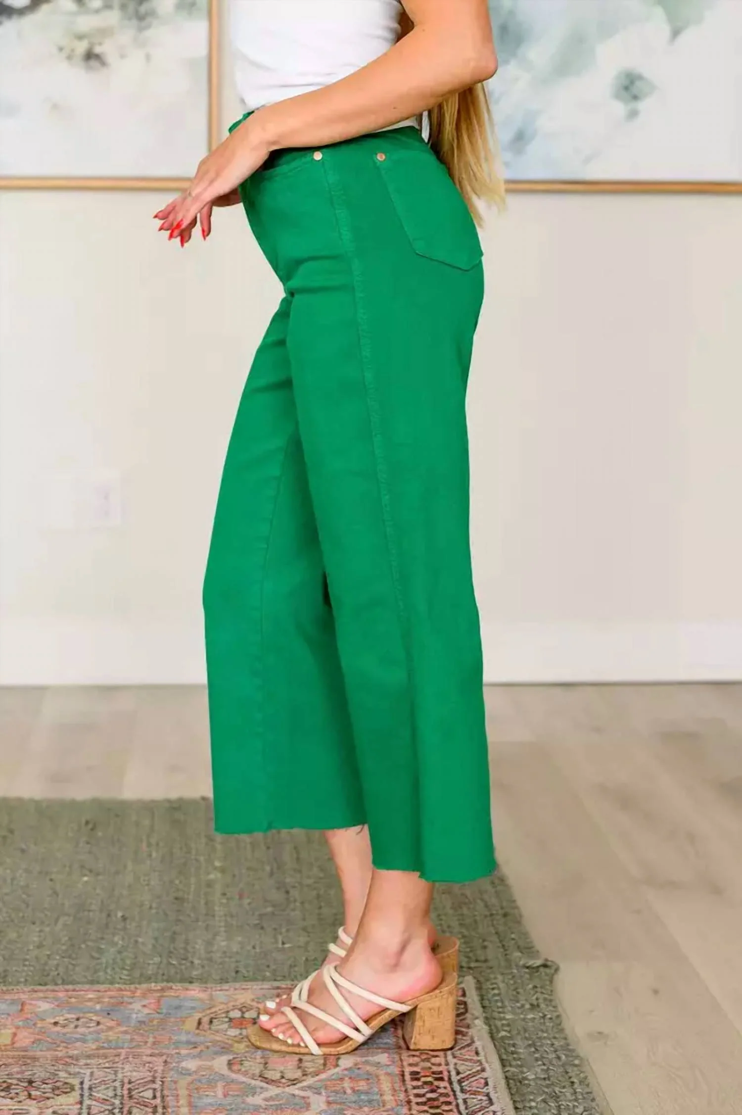 High Rise Control Top Wide Leg Crop Jeans In Kelly Green