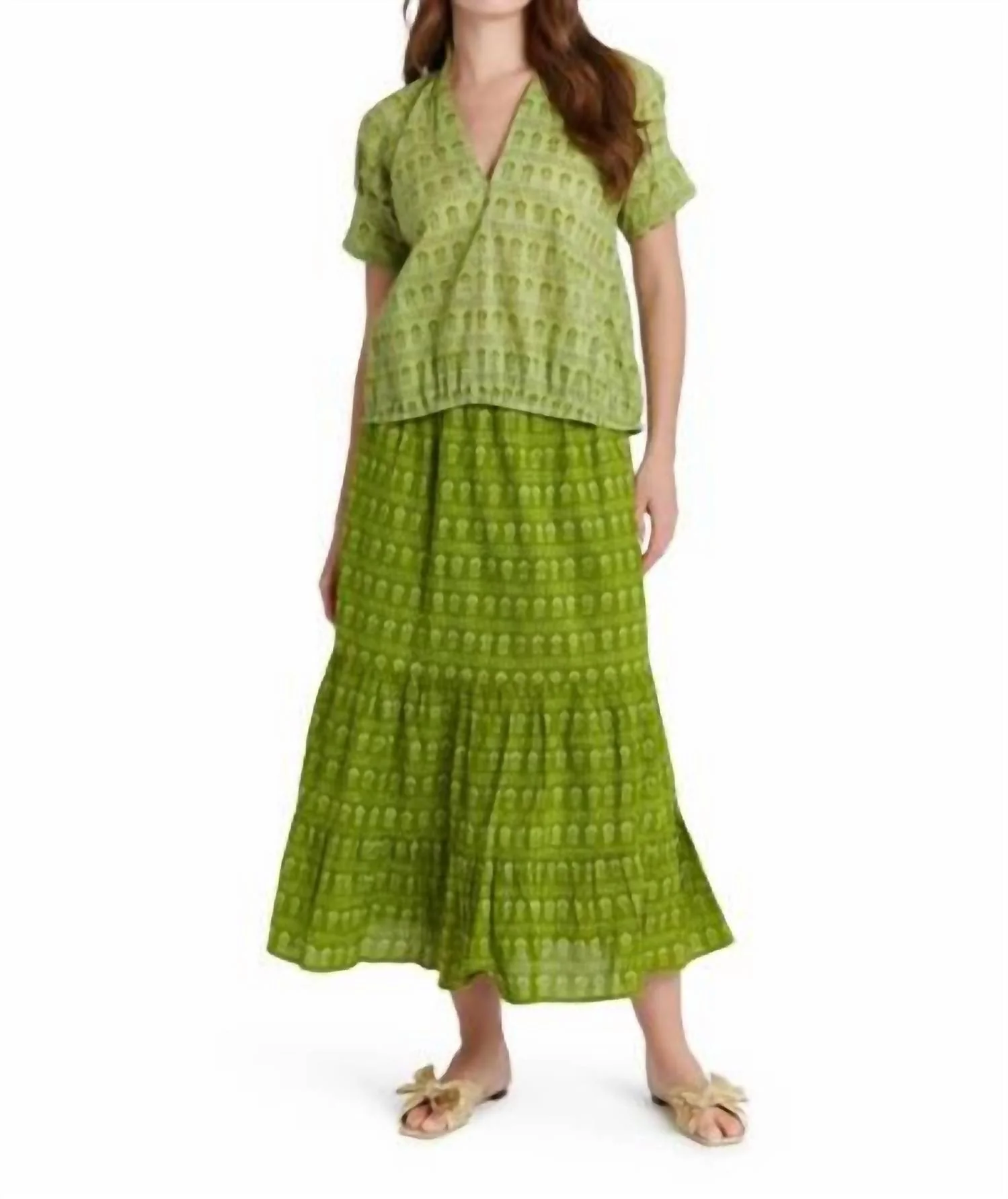 Market Tiered Maxi Skirt In Dark Mossy Sprigs