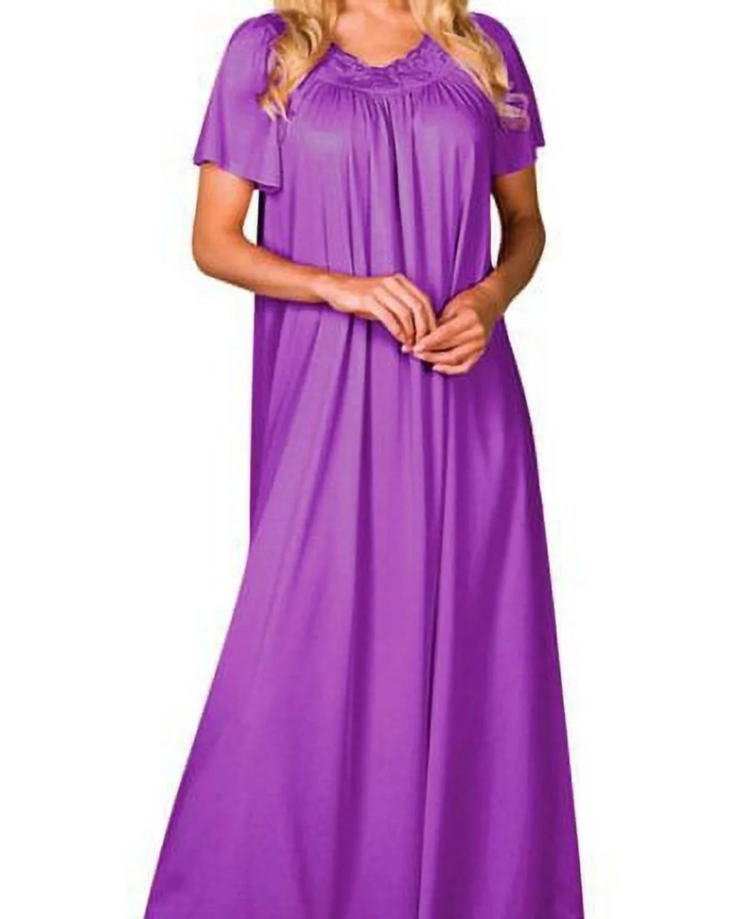 Flower Petal Embroidery And Flutter Sleeves Long Nightgown In Purple