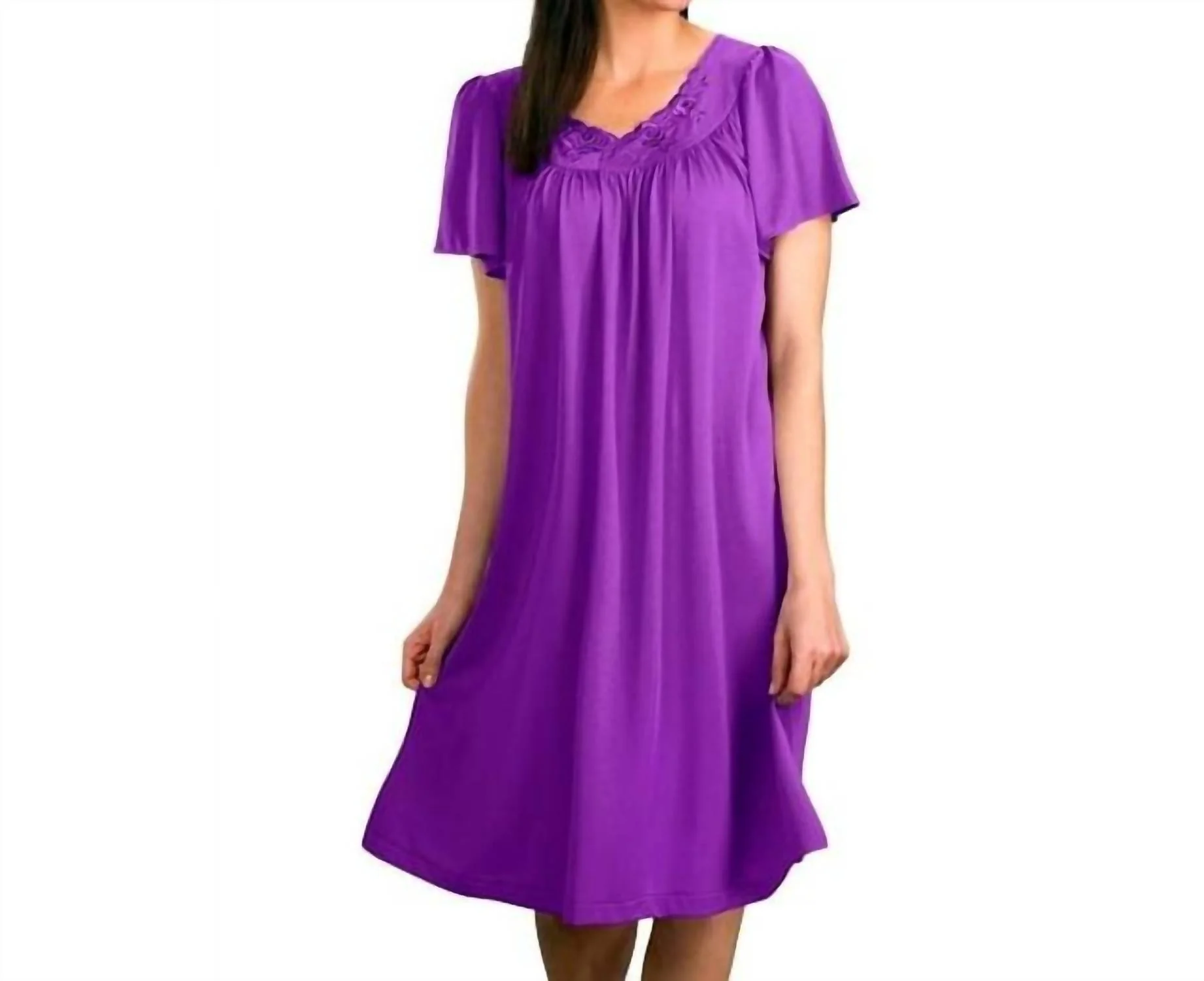 Short Gown With Flower Petal Embroidery And Flutter Sleeves In Purple