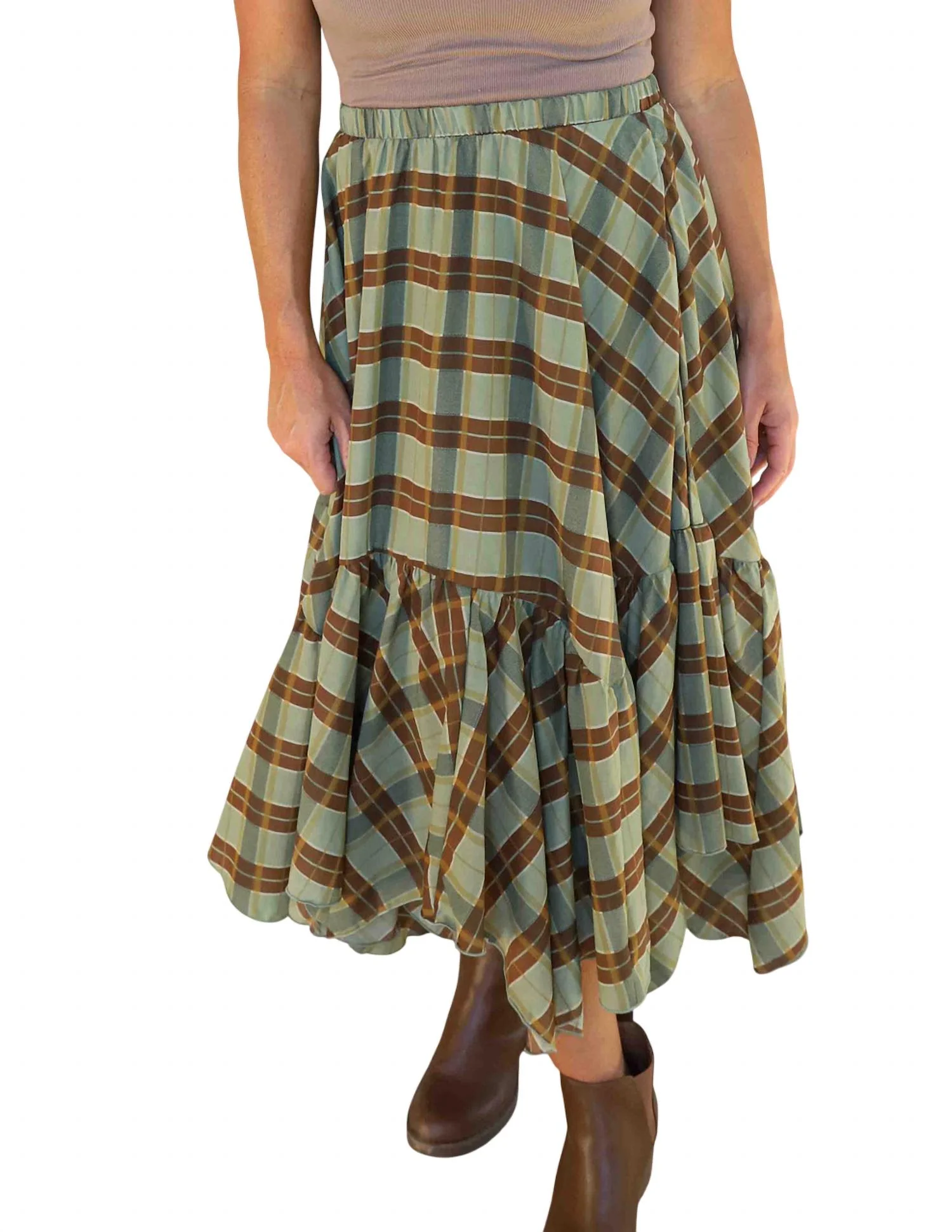 Plaid Midi Skirt In Olive