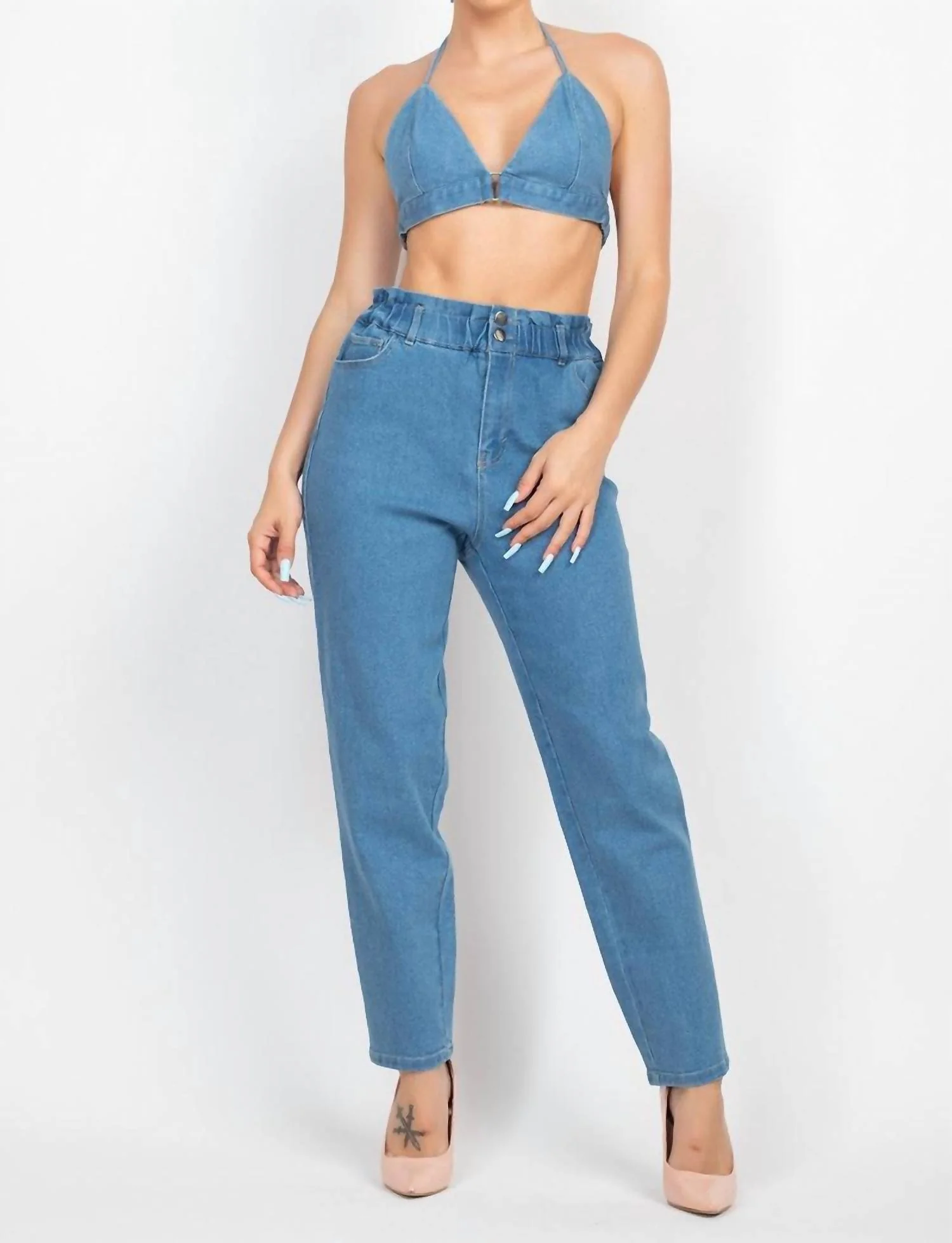 Ready And Willin Baggy Jean And Bralette Set In Blue