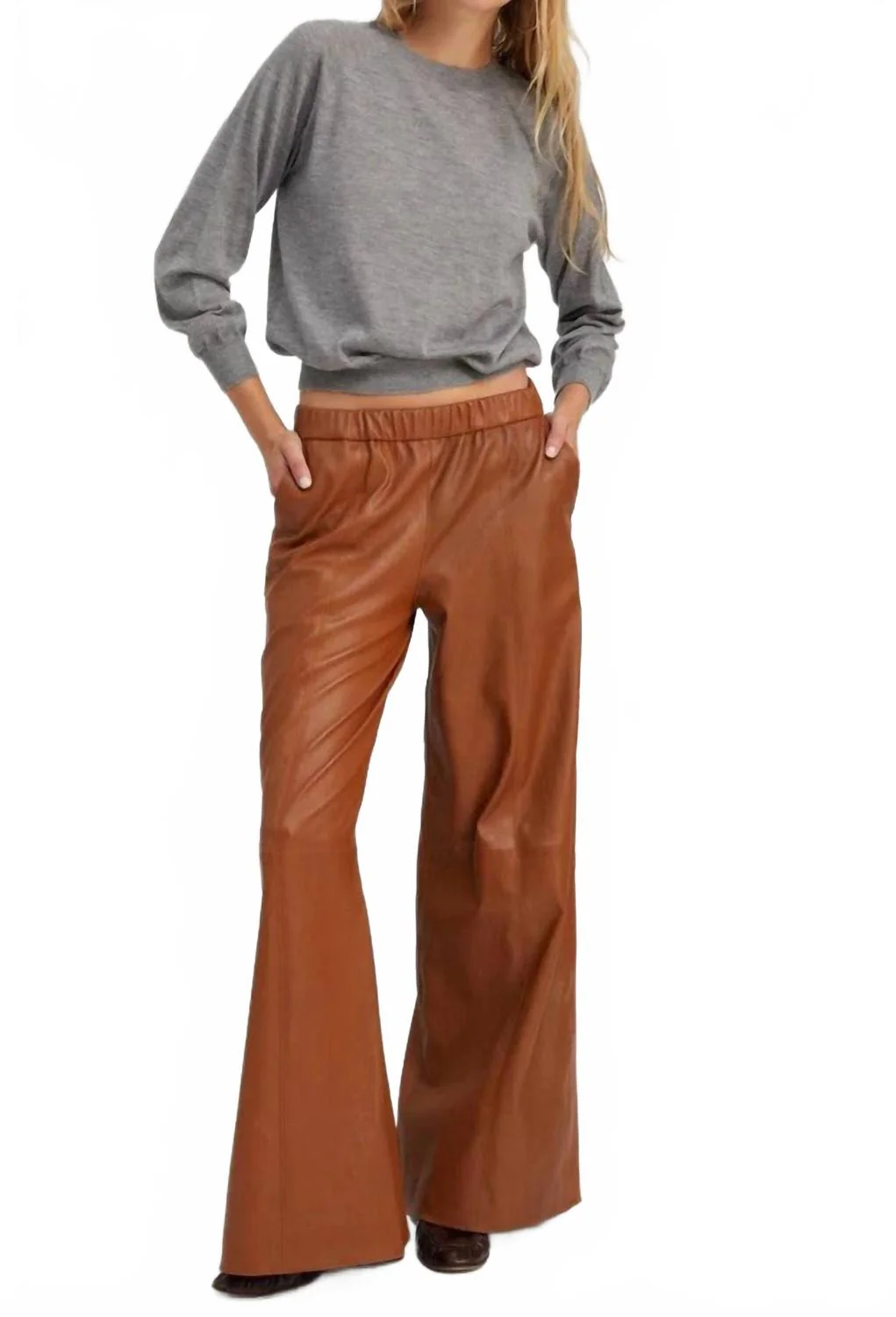 Stretch Leather Wide Leg Pants In Chestnut
