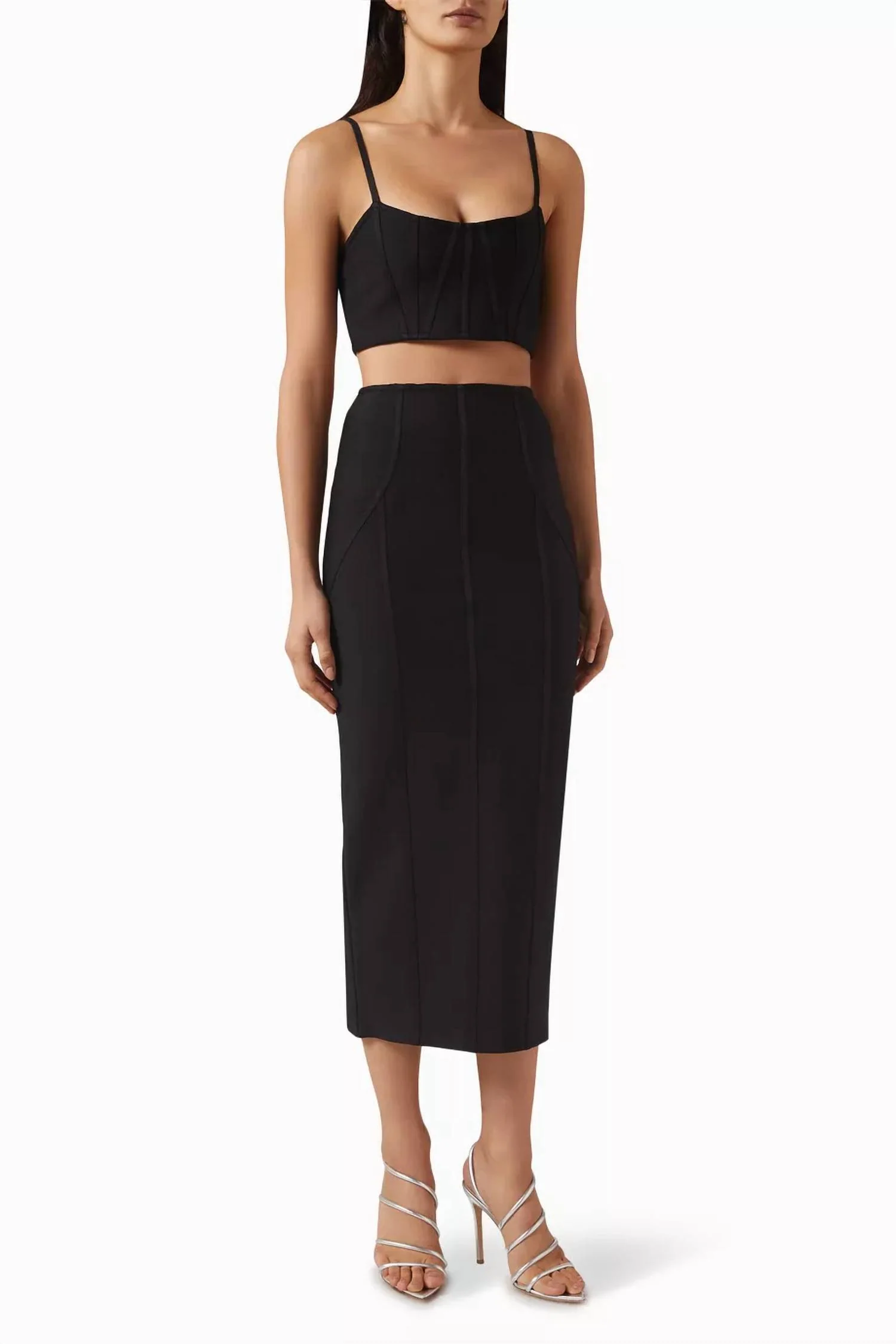 Rose Crop Top & Midi Skirt Set In Black